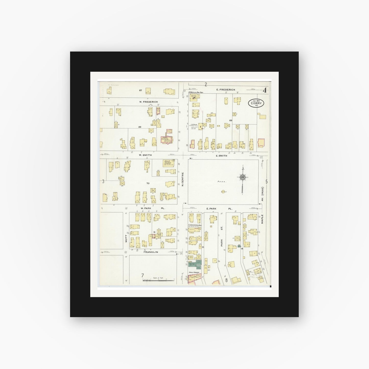 Old map wall art mockup — black gallery frame with white mat — Sanborn Fire Insurance Map from Corry, Erie County, Pennsylvania (1909), Sheet #0004