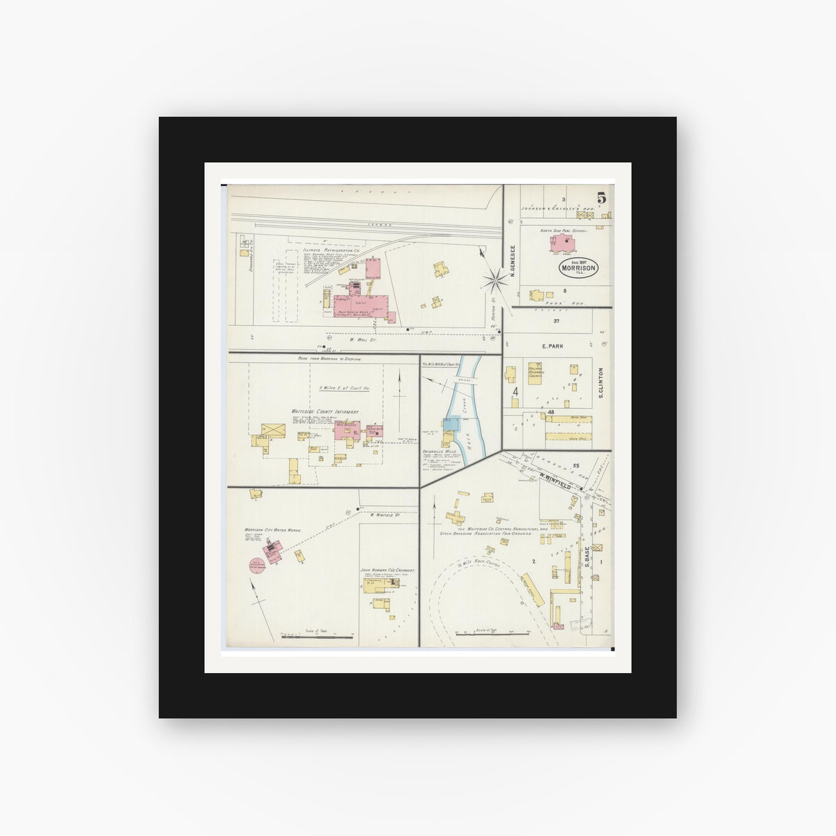 Old map wall art mockup — black gallery frame with white mat — Sanborn Fire Insurance Map from Morrison, Whiteside County, Illinois (1897), Sheet #0005