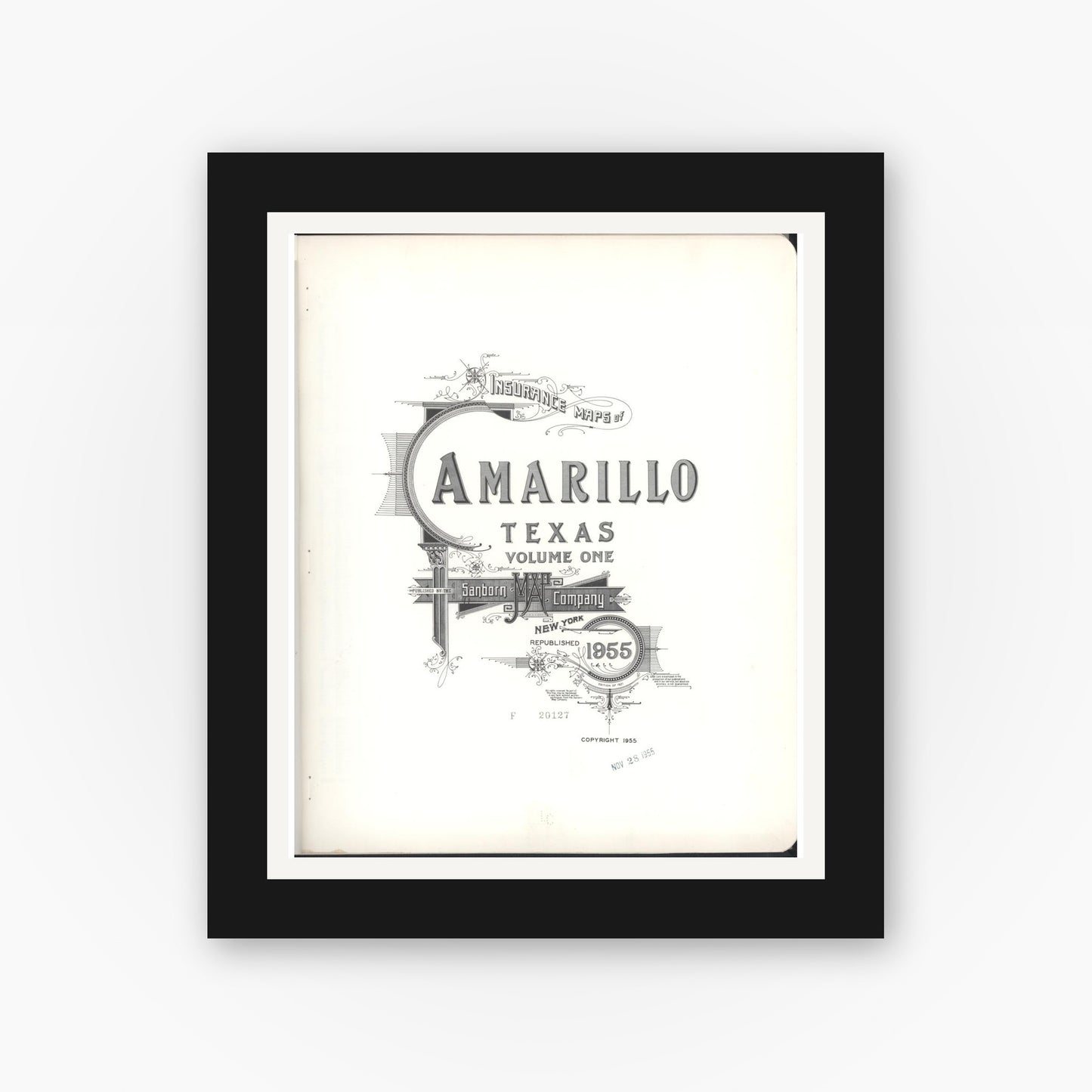 Old map wall art mockup — black gallery frame with white mat — Sanborn Fire Insurance Map from Amarillo, Potter County, Texas (1955), Sheet #0001