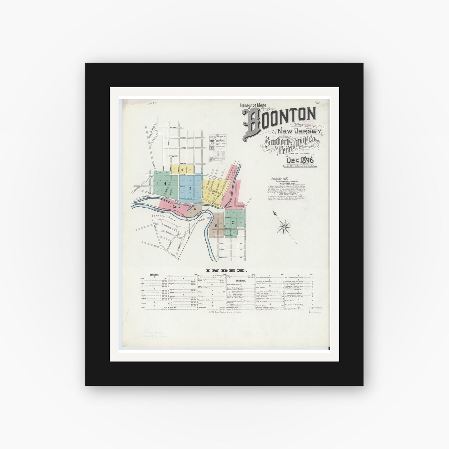 Old map wall art mockup — black gallery frame with white mat — Sanborn Fire Insurance Map from Boonton, Morris County, New Jersey (1896), Sheet #0001