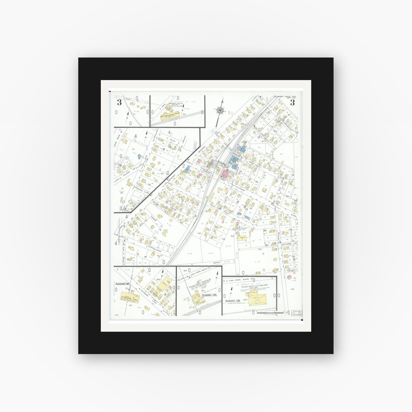 Old map wall art mockup — black gallery frame with white mat — Sanborn Fire Insurance Map from Columbus Grove, Putnam County, Ohio (1951), Sheet #0003