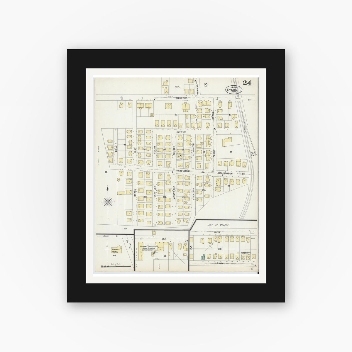 Old map wall art mockup — black gallery frame with white mat — Sanborn Fire Insurance Map from Everett, Middlesex County, Massachusetts (1897), Sheet #0024