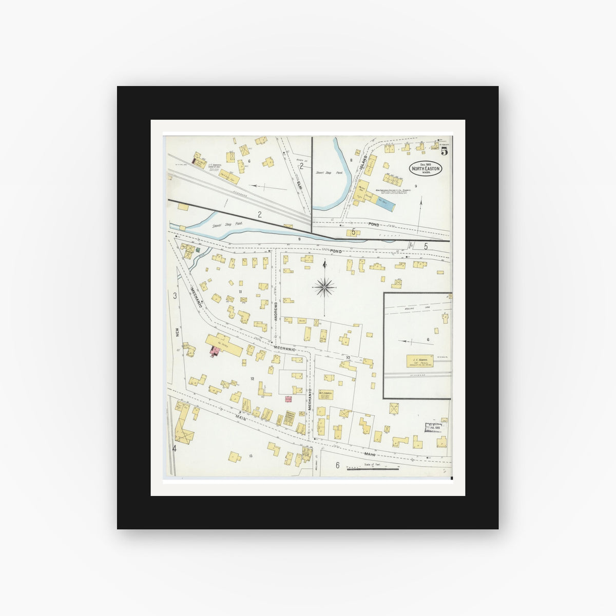 Old map wall art mockup — black gallery frame with white mat — Sanborn Fire Insurance Map from North Easton, Bristol County, Massachusetts (1903), Sheet #0005
