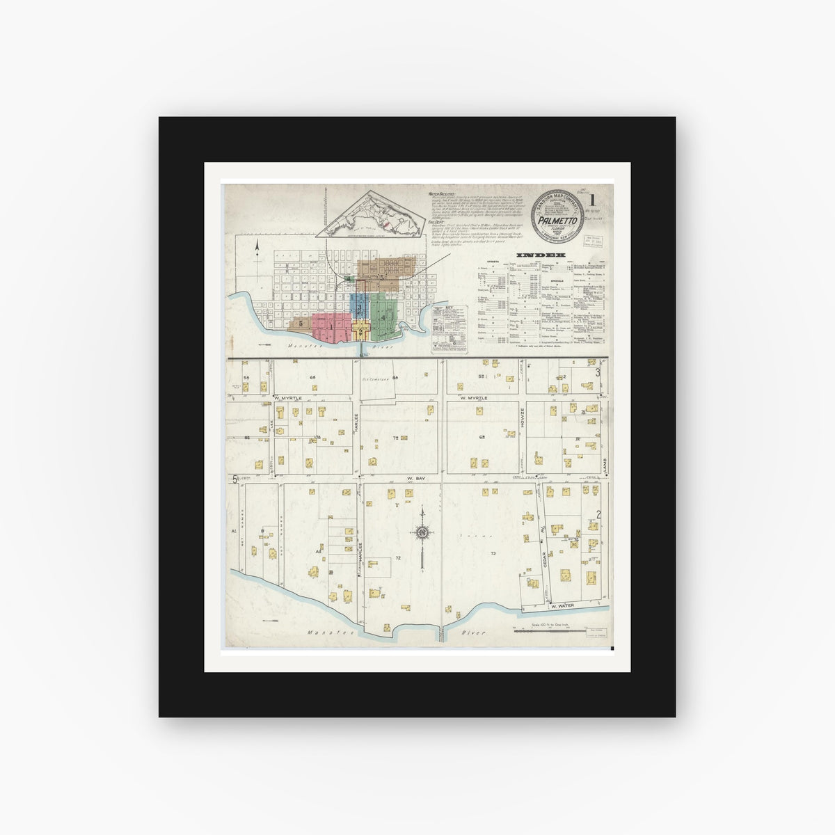 Old map wall art mockup — black gallery frame with white mat — Sanborn Fire Insurance Map from Palmetto, Manatee County, Florida (1917) - Complete Map Set