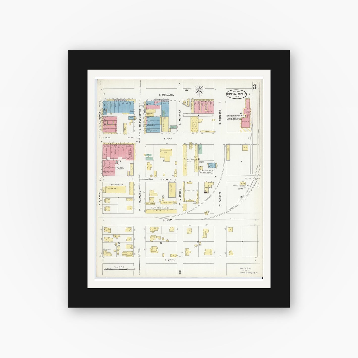 Old map wall art mockup — black gallery frame with white mat — Sanborn Fire Insurance Map from Mineral Wells, Palo Pinto County, Texas (1907), Sheet #0003