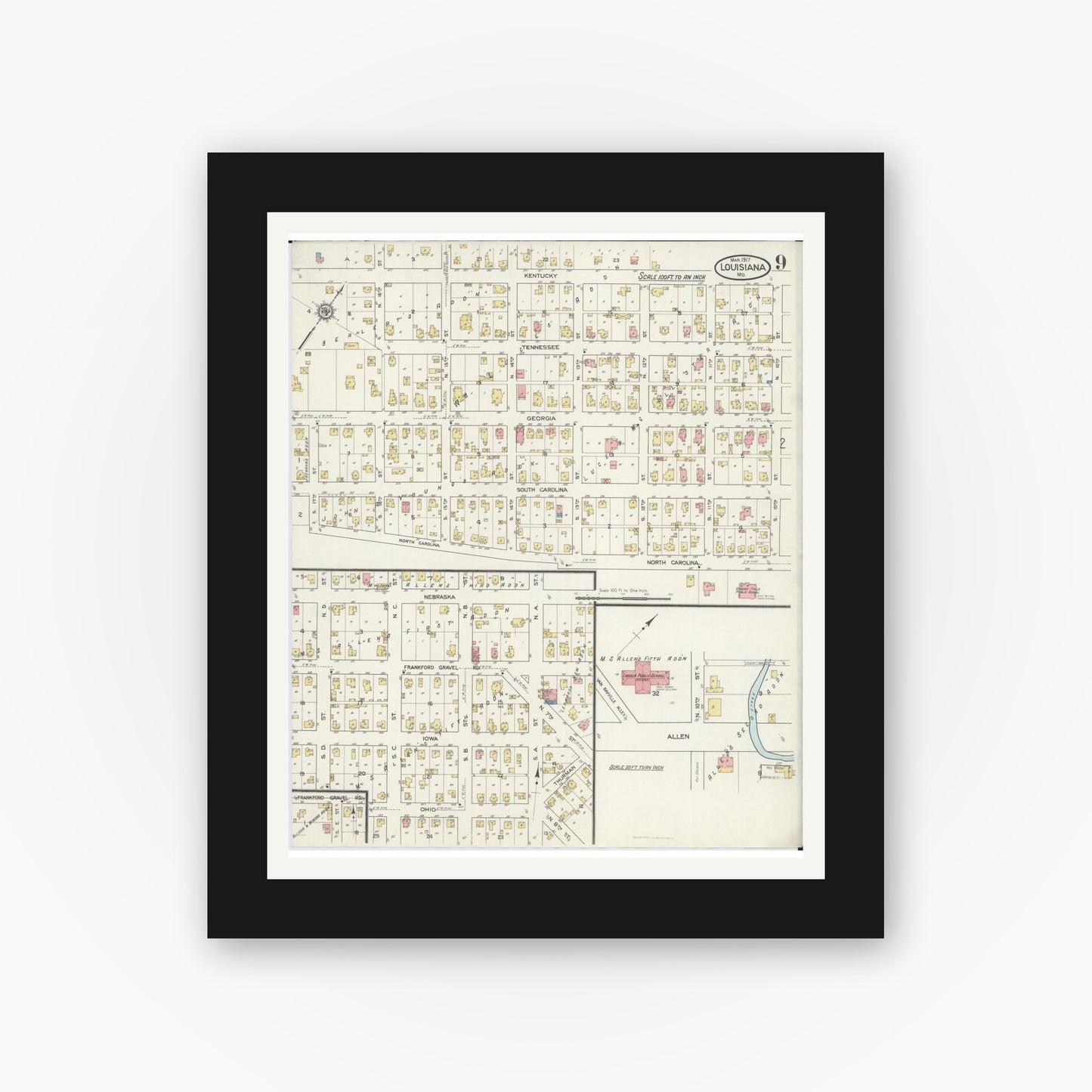 Old map wall art mockup — black gallery frame with white mat — Sanborn Fire Insurance Map from Louisiana, Pike County, Missouri (1917), Sheet #0009