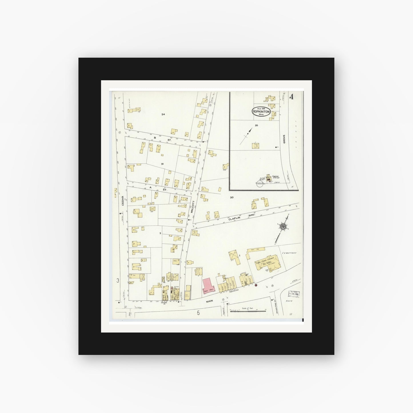Old map wall art mockup — black gallery frame with white mat — Sanborn Fire Insurance Map from Hopkinton, Middlesex County, Massachusetts (1910), Sheet #0004