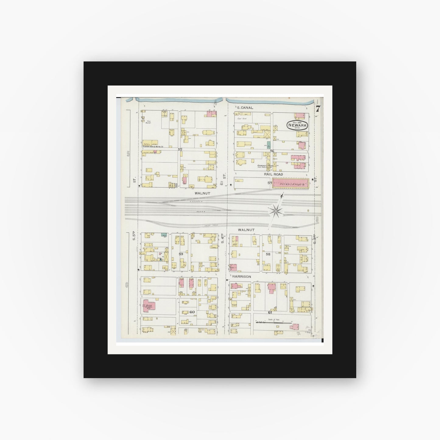 Old map wall art mockup — black gallery frame with white mat — Sanborn Fire Insurance Map from Newark, Licking County, Ohio (1893), Sheet #0007