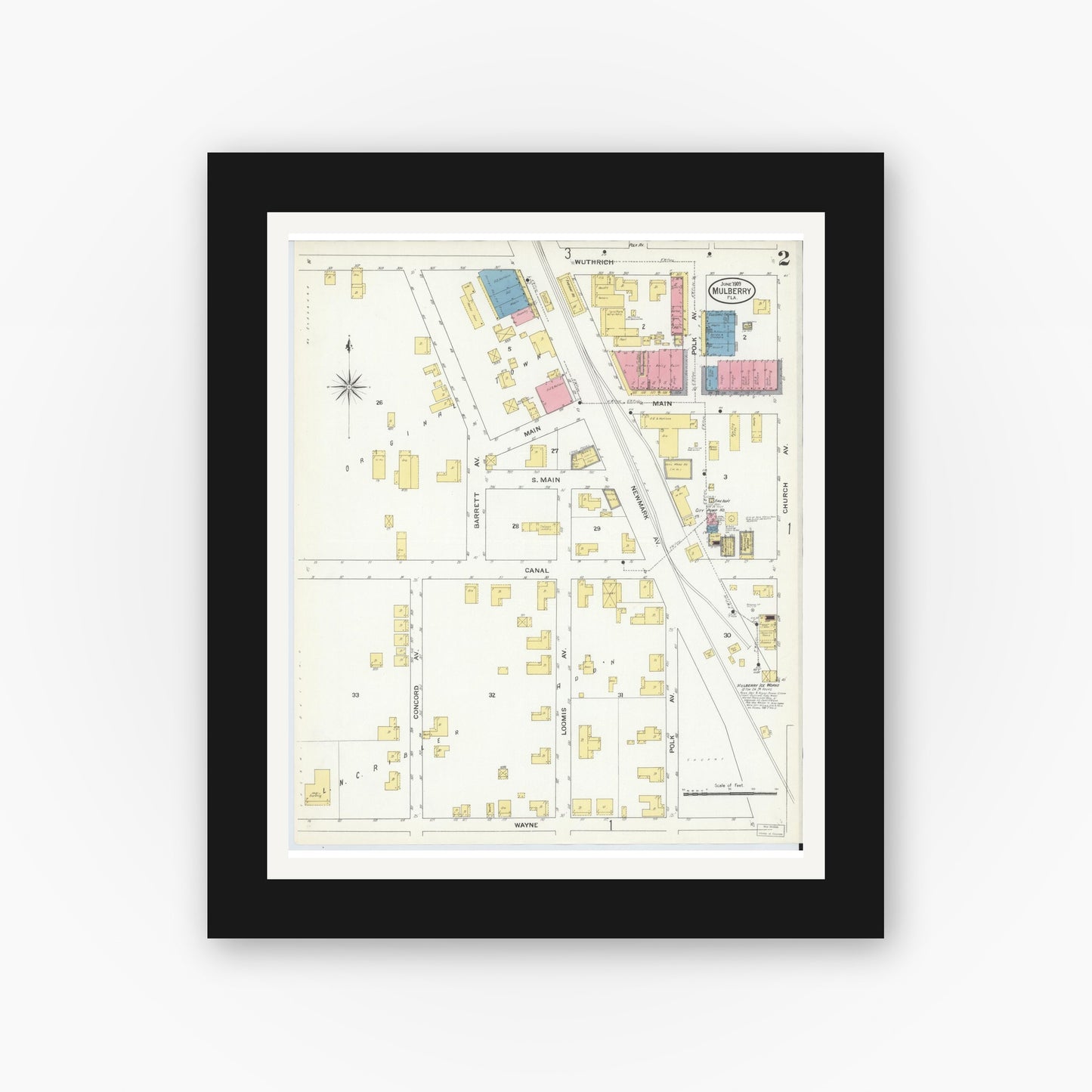 Old map wall art mockup — black gallery frame with white mat — Sanborn Fire Insurance Map from Mulberry, Polk County, Florida (1909), Sheet #0002
