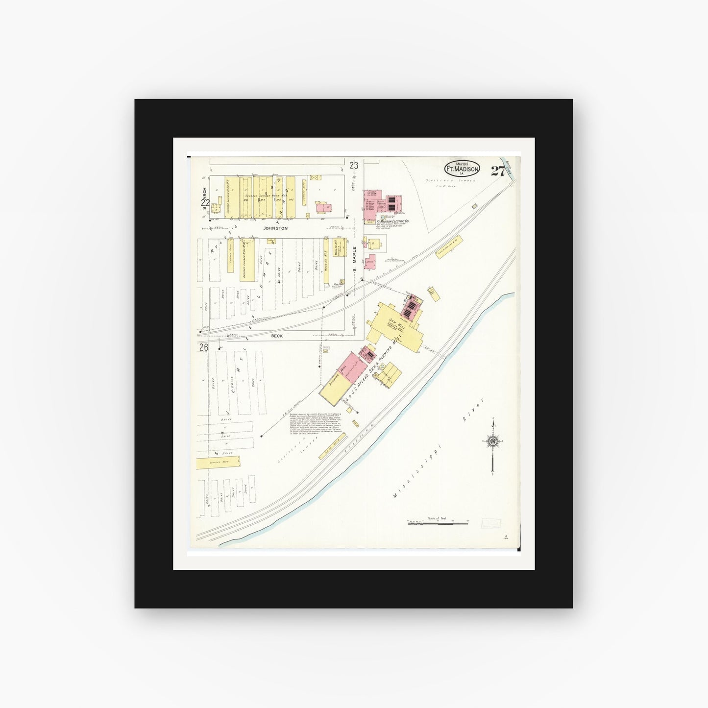 Old map wall art mockup — black gallery frame with white mat — Sanborn Fire Insurance Map from Fort Madison, Lee County, Iowa (1913), Sheet #0027