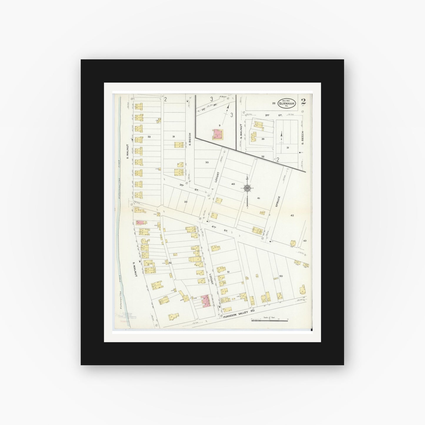 Old map wall art mockup — black gallery frame with white mat — Sanborn Fire Insurance Map from Burnham, Mifflin County, Pennsylvania (1910), Sheet #0002