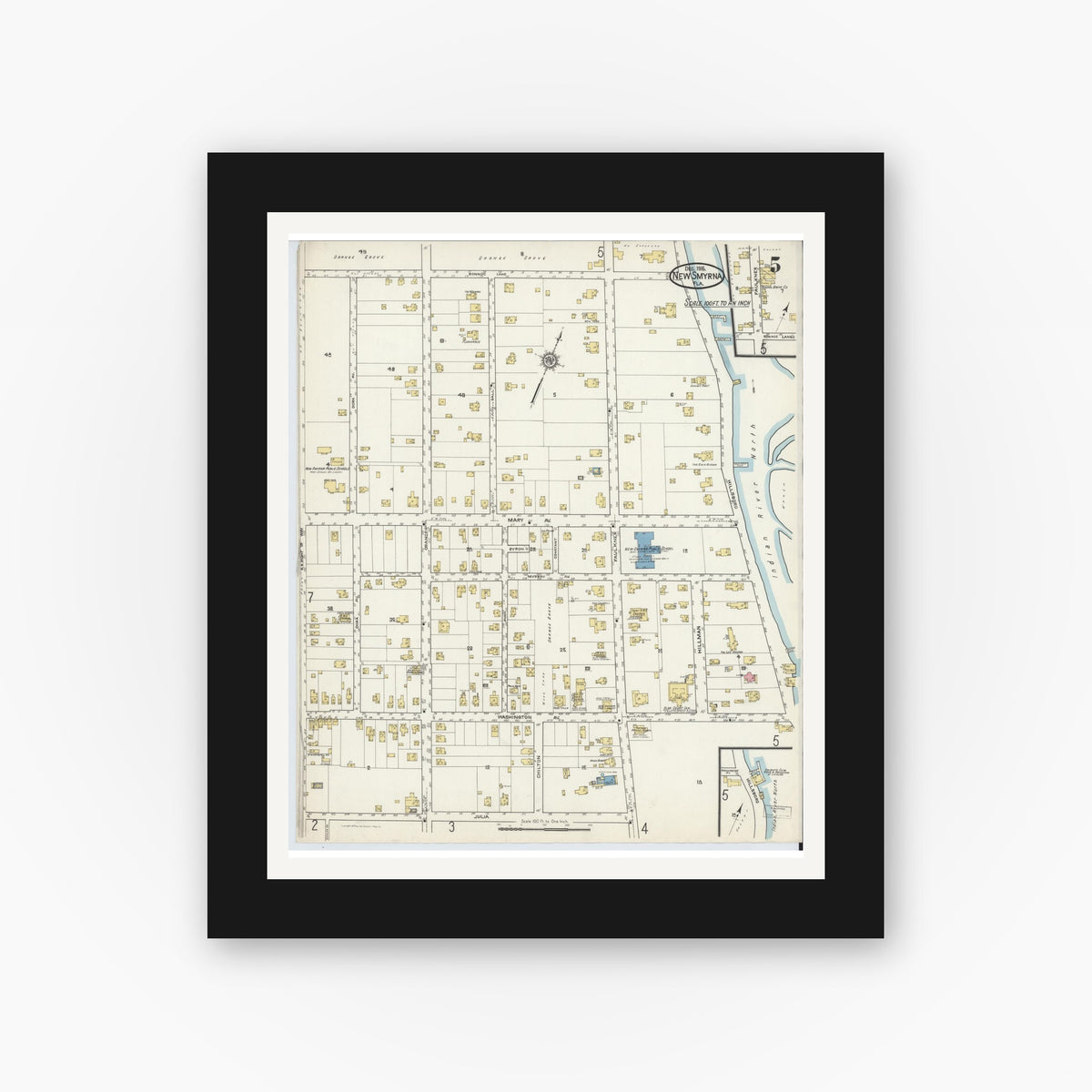 Old map wall art mockup — black gallery frame with white mat — Sanborn Fire Insurance Map from New Smyrna, Valusia County, Florida (1916), Sheet #0005