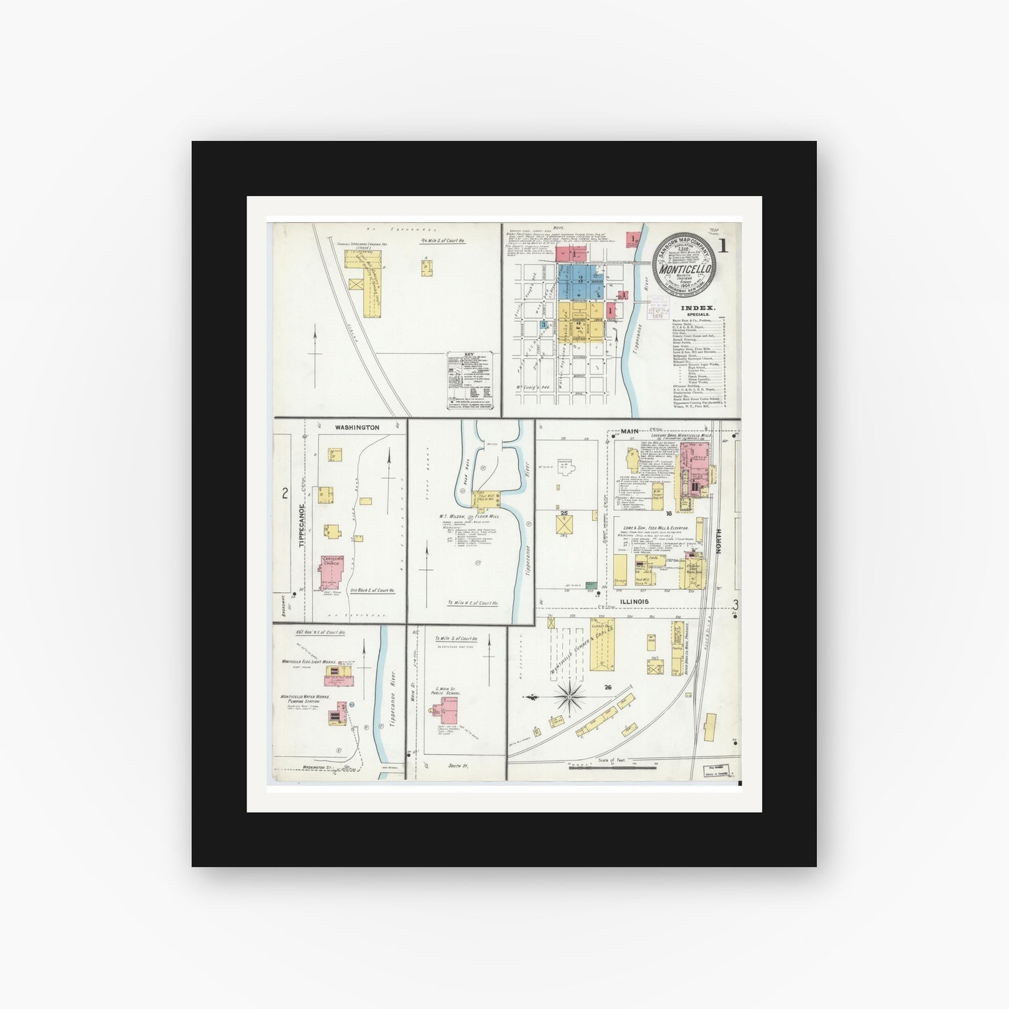 Old map wall art mockup — black gallery frame with white mat — Sanborn Fire Insurance Map from Monticello, White County, Indiana (1904) - Complete Map Set