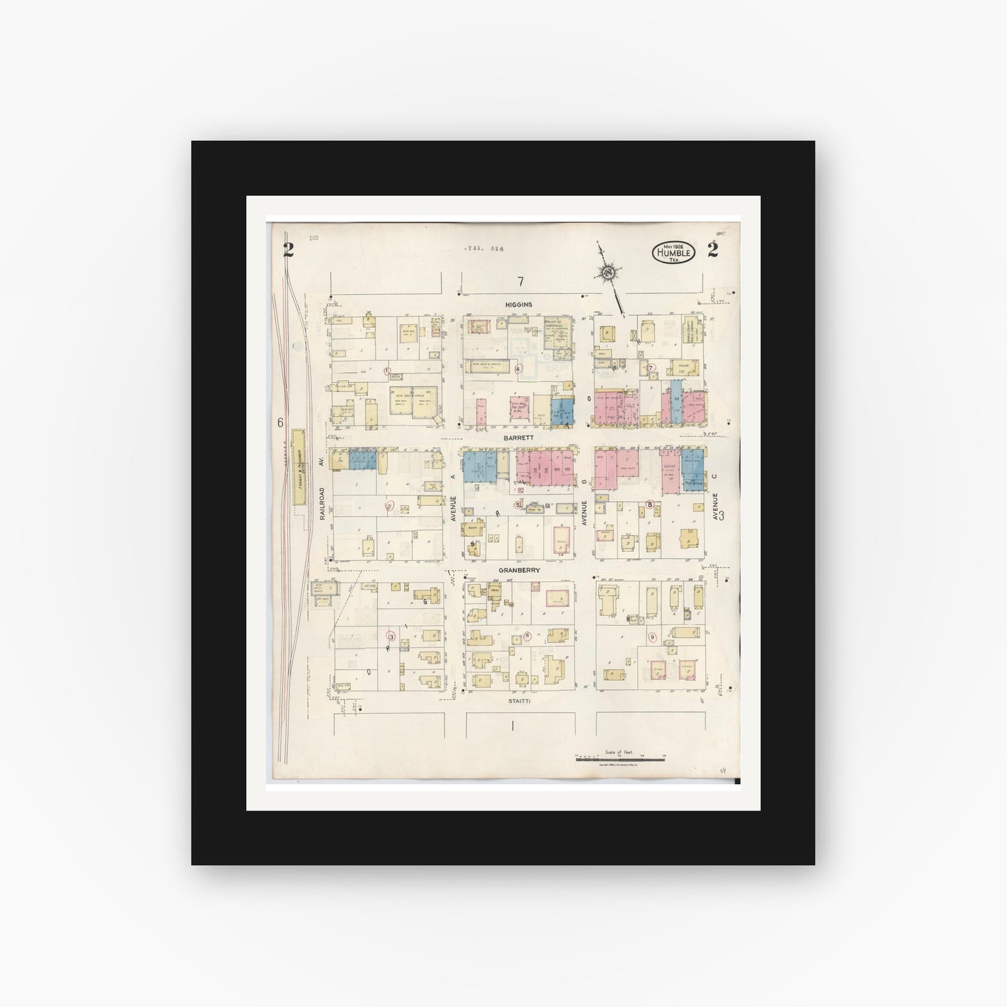 Old map wall art mockup — black gallery frame with white mat — Sanborn Fire Insurance Map from Humble, Harris County, Texas (1940), Sheet #0002
