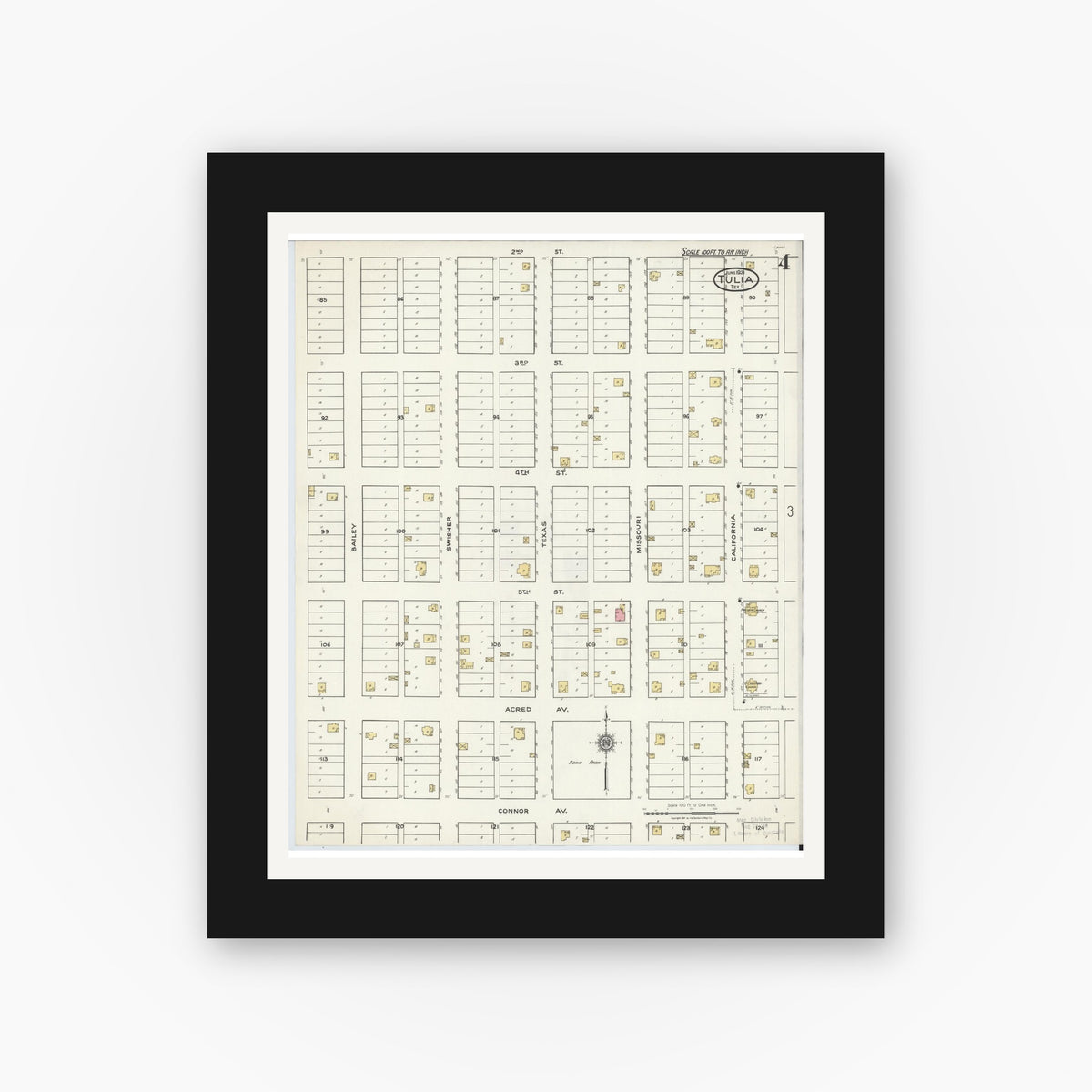 Old map wall art mockup — black gallery frame with white mat — Sanborn Fire Insurance Map from Tulia, Swisher County, Texas (1921), Sheet #0004