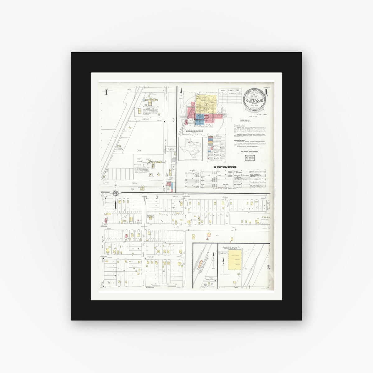Old map wall art mockup — black gallery frame with white mat — Sanborn Fire Insurance Map from Quitaque, Briscoe County, Texas (1936) - Complete Map Set