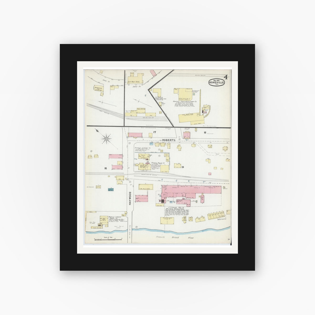 Old map wall art mockup — black gallery frame with white mat — Sanborn Fire Insurance Map from Asheville, Buncombe County, North Carolina (1891), Sheet #0004