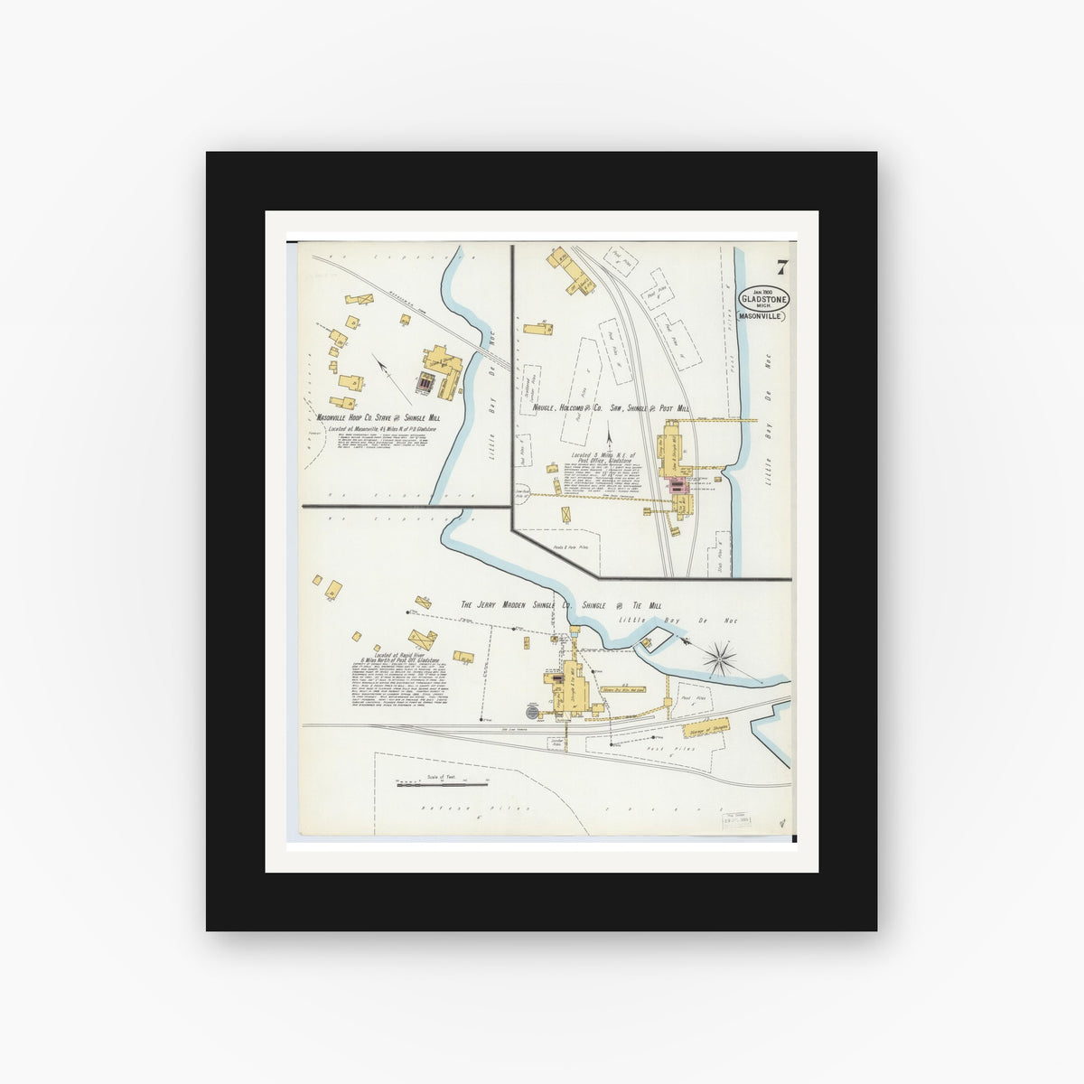Old map wall art mockup — black gallery frame with white mat — Sanborn Fire Insurance Map from Gladstone, Delta County, Michigan (1900), Sheet #0007