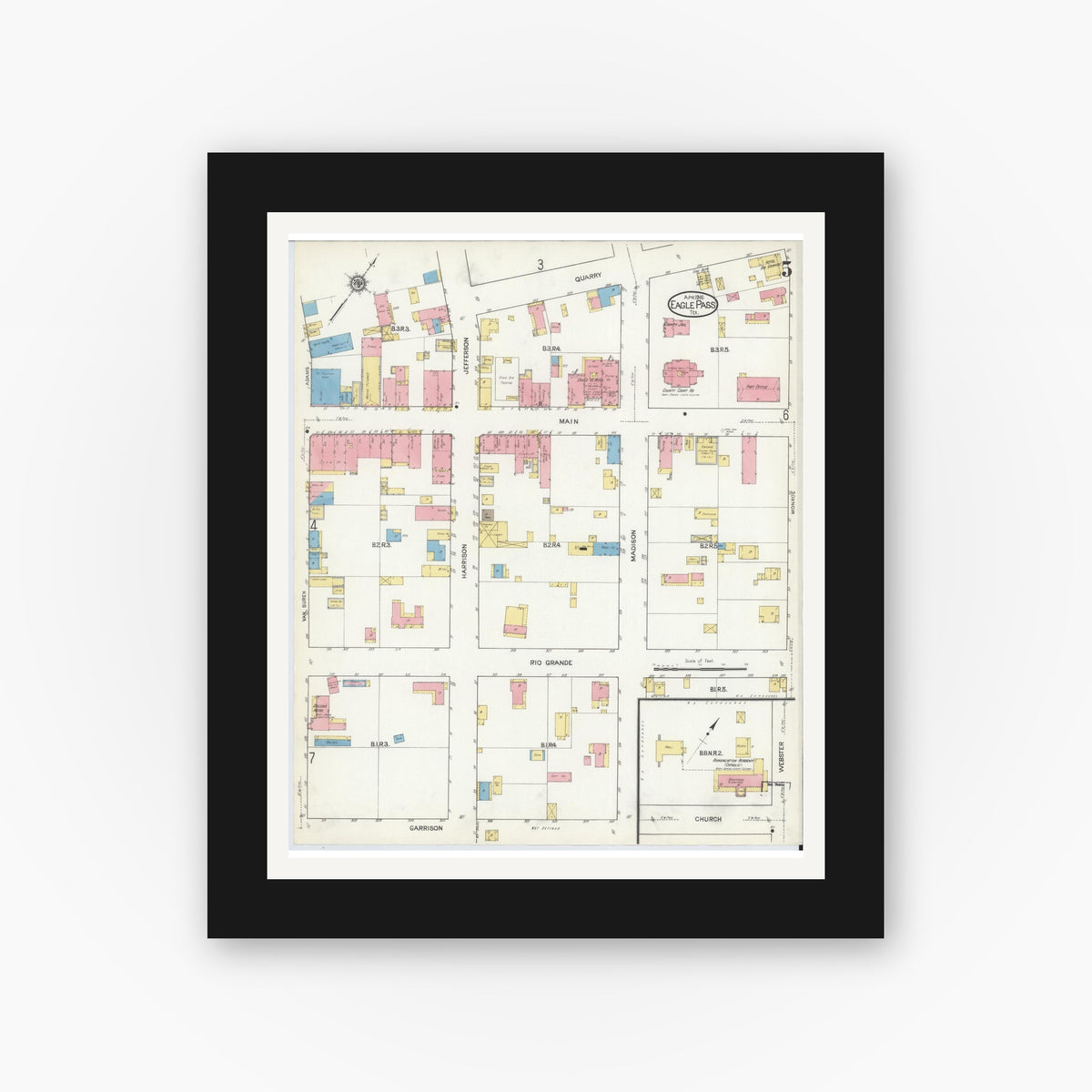 Old map wall art mockup — black gallery frame with white mat — Sanborn Fire Insurance Map from Eagle Pass, Maverick County, Texas (1916), Sheet #0005