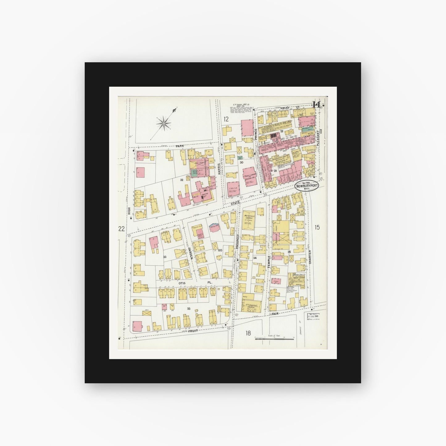 Old map wall art mockup — black gallery frame with white mat — Sanborn Fire Insurance Map from Newburyport, Essex County, Massachusetts (1900), Sheet #0014