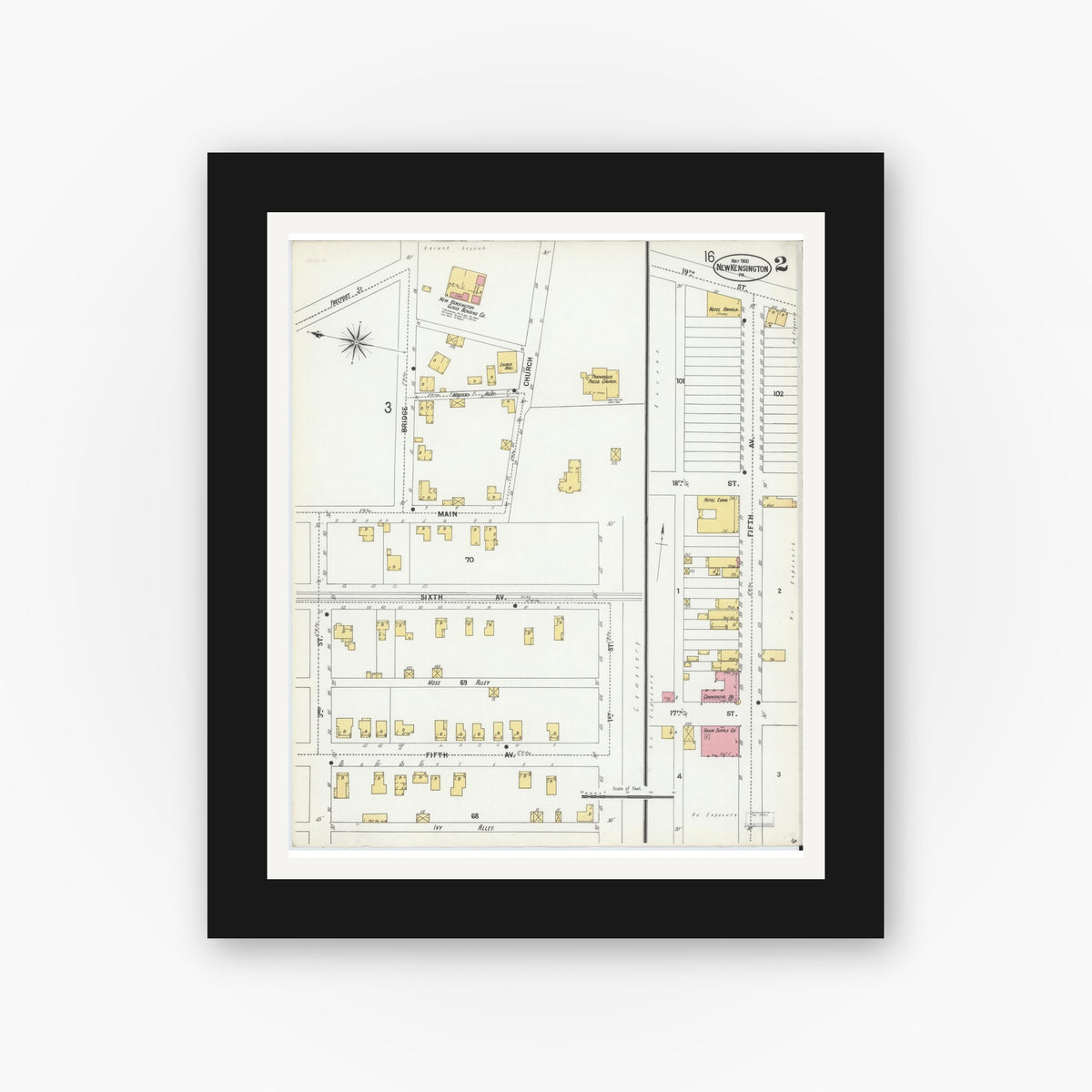 Old map wall art mockup — black gallery frame with white mat — Sanborn Fire Insurance Map from New Kensington, Westmoreland County, Pennsylvania (1900), Sheet #0002