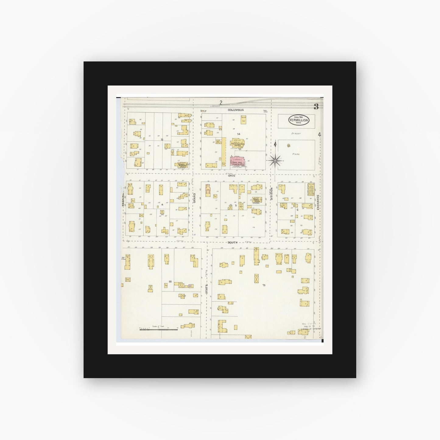 Old map wall art mockup — black gallery frame with white mat — Sanborn Fire Insurance Map from Vermillion, Erie County, Ohio (1904), Sheet #0003