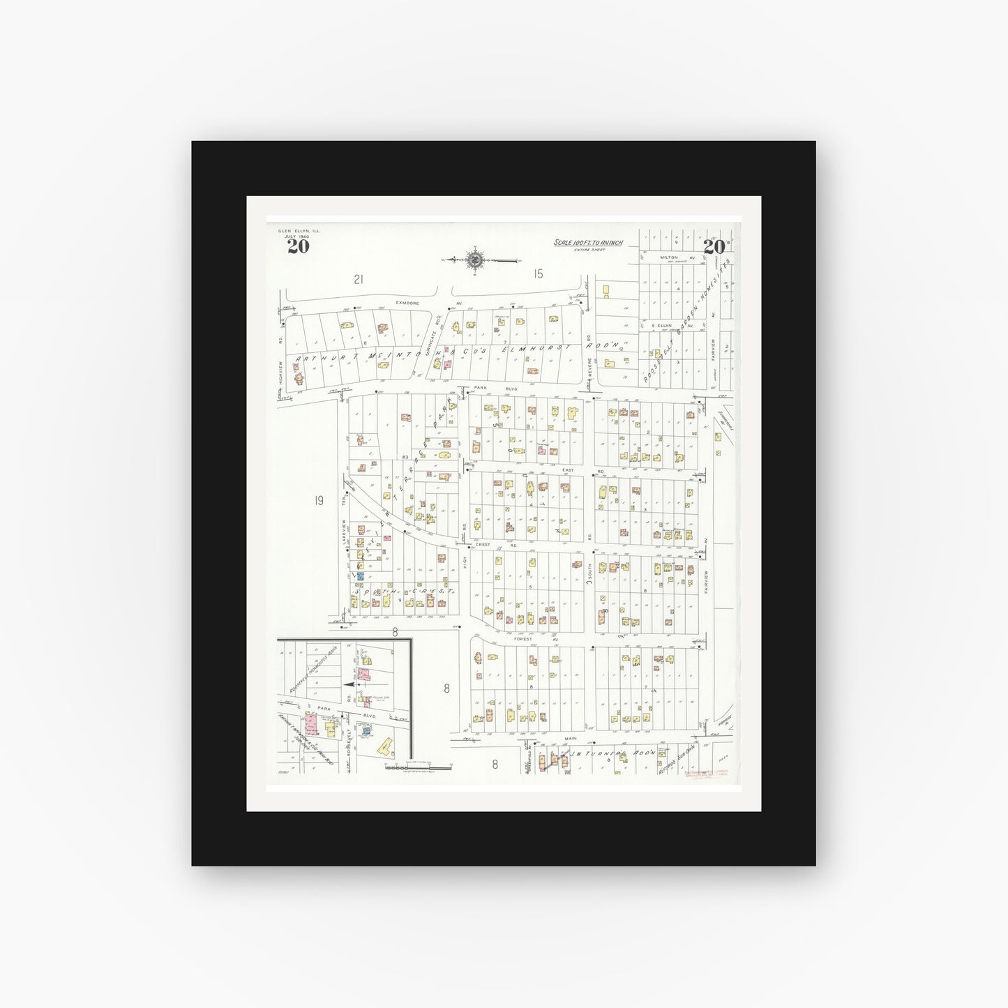 Old map wall art mockup — black gallery frame with white mat — Sanborn Fire Insurance Map from Glen Ellyn, Du Page County, Illinois (1940), Sheet #0020