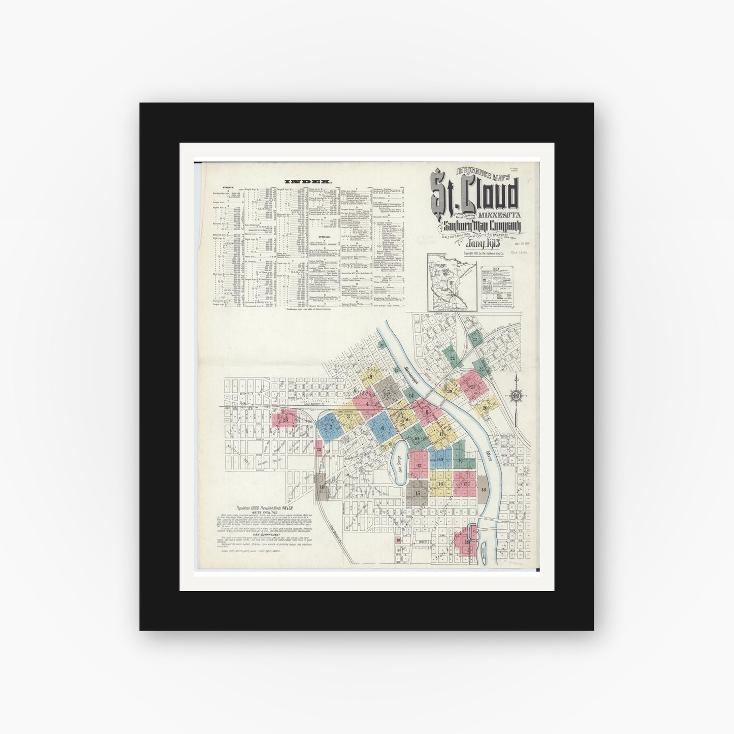 Old map wall art mockup — black gallery frame with white mat — Sanborn Fire Insurance Map from Saint Cloud, Stearns, Benton, and Sherburne Counties, Minnesota (1913) - Complete Map Set