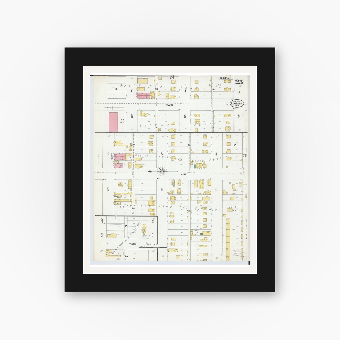 Old map wall art mockup — black gallery frame with white mat — Sanborn Fire Insurance Map from Lorain, Lorain County, Ohio (1905), Sheet #0023