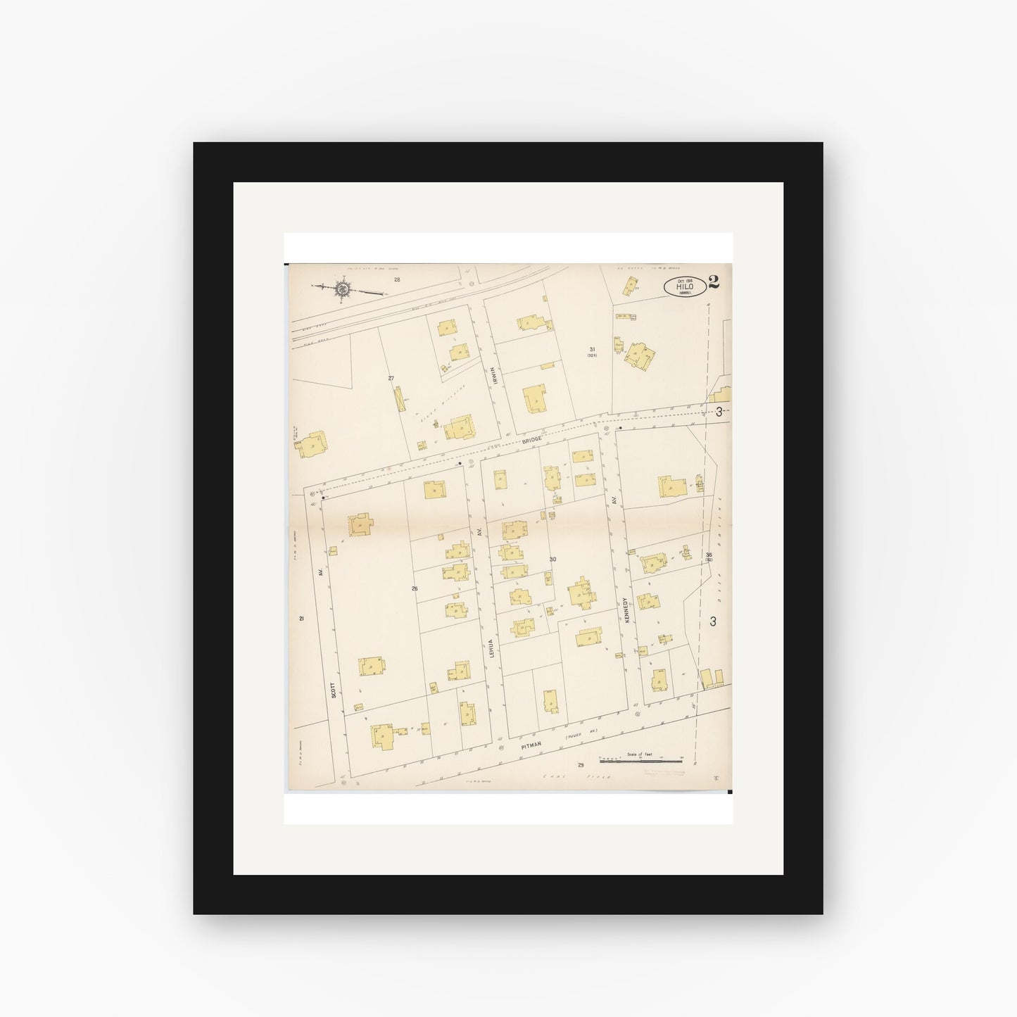 Old map wall art mockup — black gallery frame with white mat — Sanborn Fire Insurance Map from Hilo, Hawaii County, Hawaii (1914), Sheet #0002