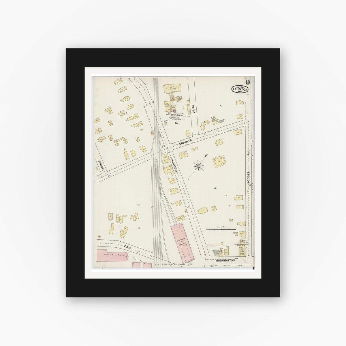 Old map wall art mockup — black gallery frame with white mat — Sanborn Fire Insurance Map from Taunton, Bristol County, Massachusetts (1888), Sheet #0009