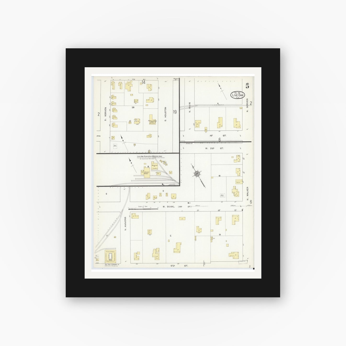 Old map wall art mockup — black gallery frame with white mat — Sanborn Fire Insurance Map from Live Oak, Suwanee County, Florida (1912), Sheet #0005