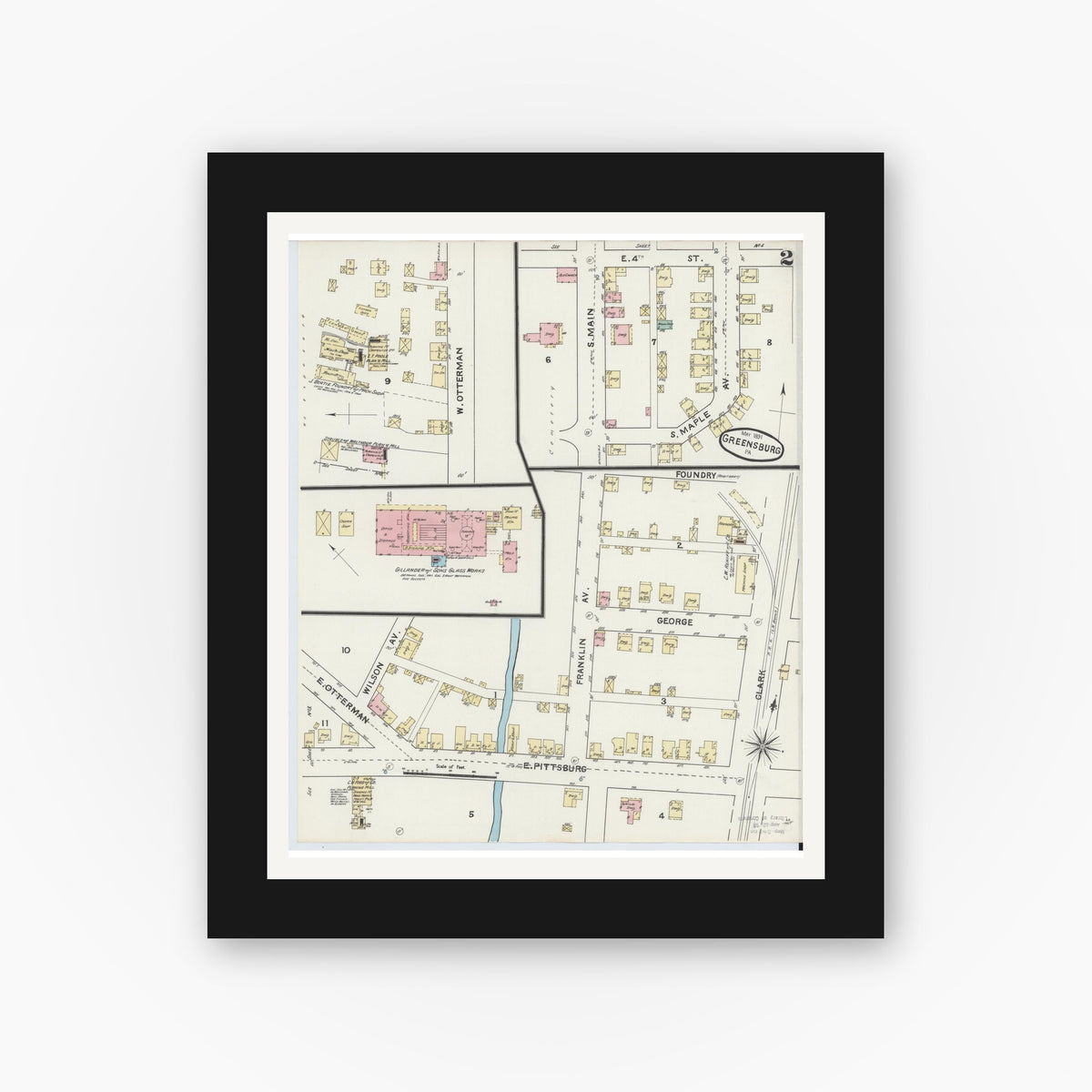 Old map wall art mockup — black gallery frame with white mat — Sanborn Fire Insurance Map from Greensburg, Westmoreland County, Pennsylvania (1891), Sheet #0002