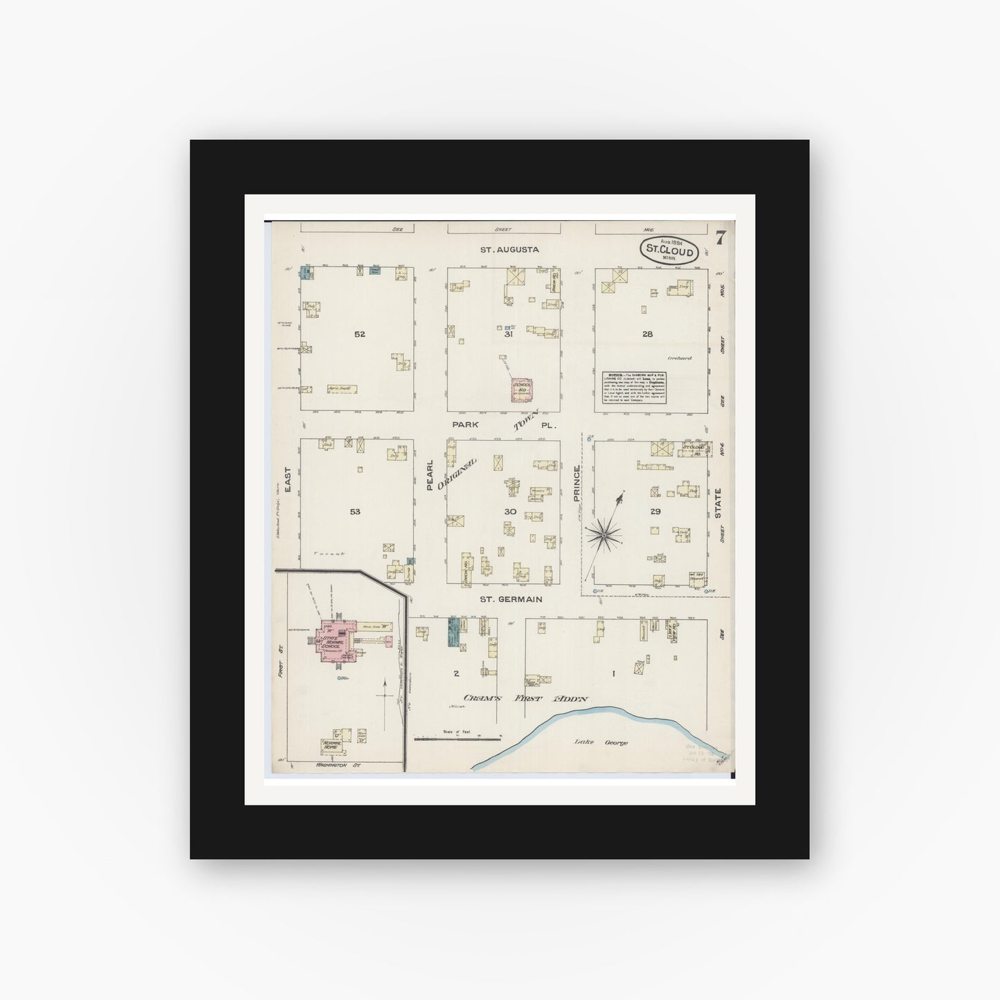 Old map wall art mockup — black gallery frame with white mat — Sanborn Fire Insurance Map from Saint Cloud, Stearns, Benton, and Sherburne Counties, Minnesota (1884), Sheet #0007
