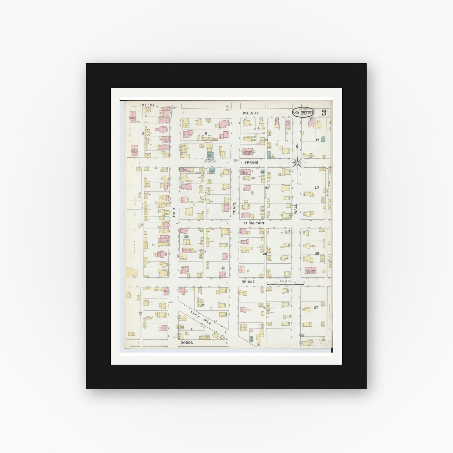 Old map wall art mockup — black gallery frame with white mat — Sanborn Fire Insurance Map from Covington, Miami County, Ohio (1892), Sheet #0003