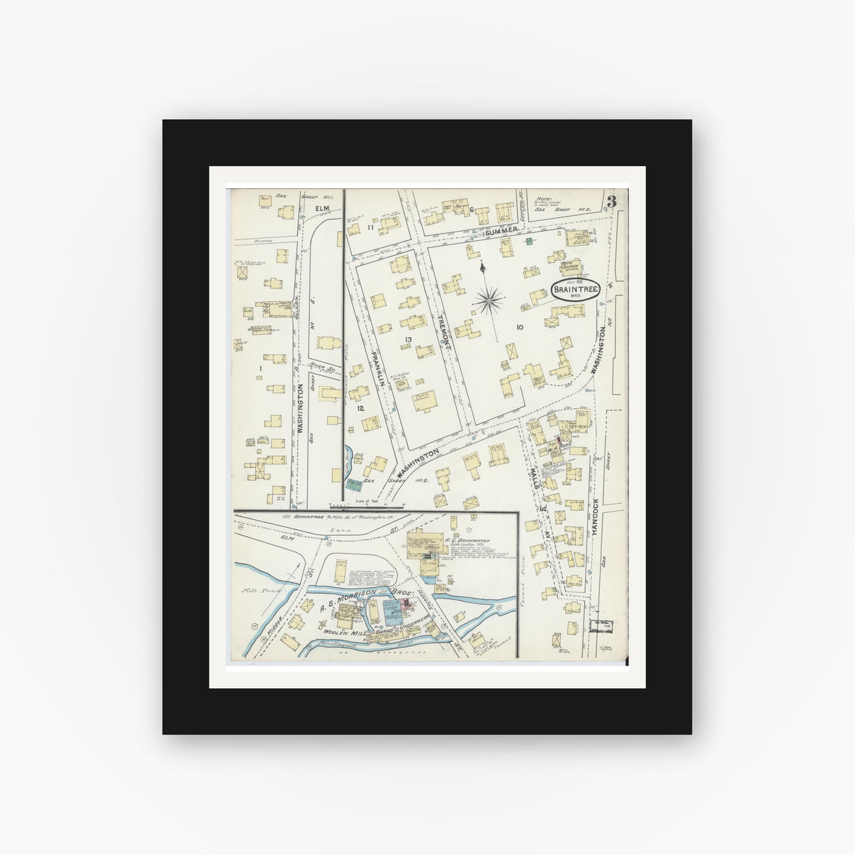 Old map wall art mockup — black gallery frame with white mat — Sanborn Fire Insurance Map from Braintree, Norfolk County, Massachusetts (1891), Sheet #0003