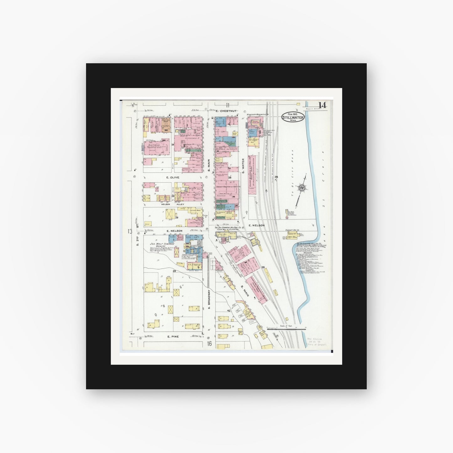 Old map wall art mockup — black gallery frame with white mat — Sanborn Fire Insurance Map from Stillwater, Washington County, Minnesota (1910), Sheet #0014
