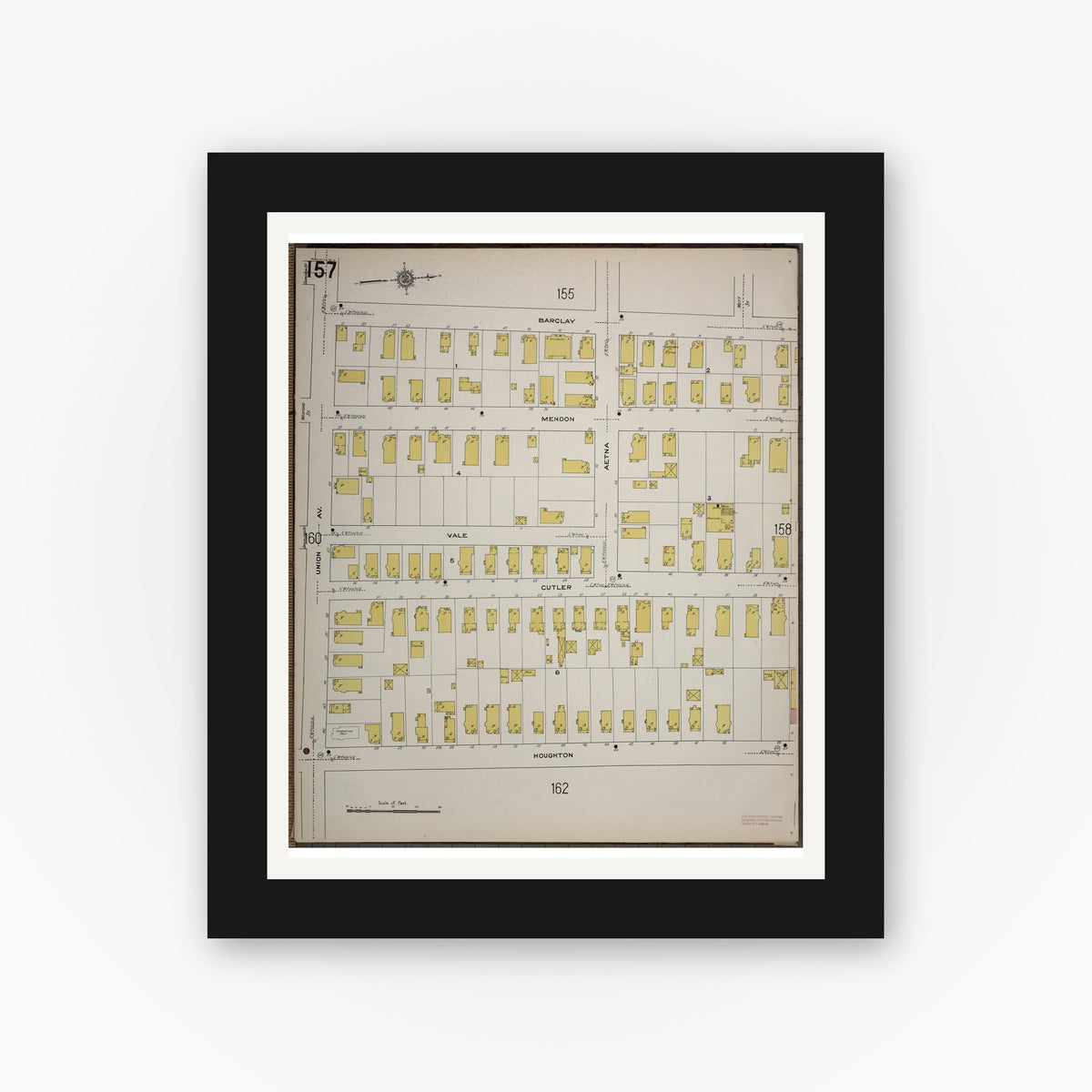 Old map wall art mockup — black gallery frame with white mat — Sanborn Fire Insurance Map from Worcester, Worcester County, Massachusetts (1910), Sheet #0157