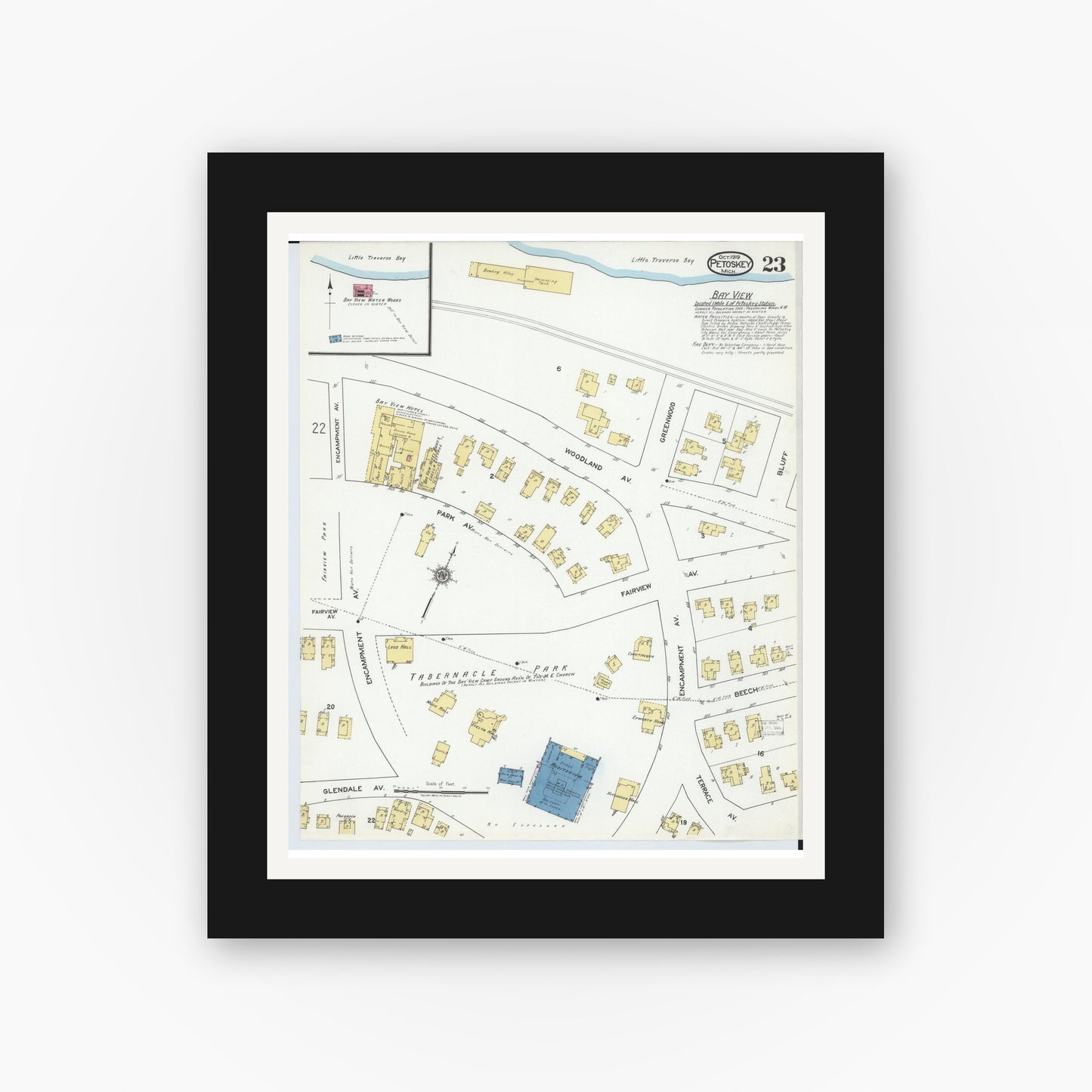 Old map wall art mockup — black gallery frame with white mat — Sanborn Fire Insurance Map from Petoskey, Emmet County, Michigan (1919), Sheet #0023