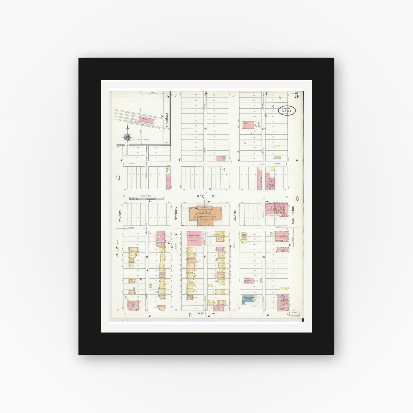 Old map wall art mockup β black gallery frame with white mat β Sanborn Fire Insurance Map from Gary, Lake County, Indiana (1911), Sheet #0005