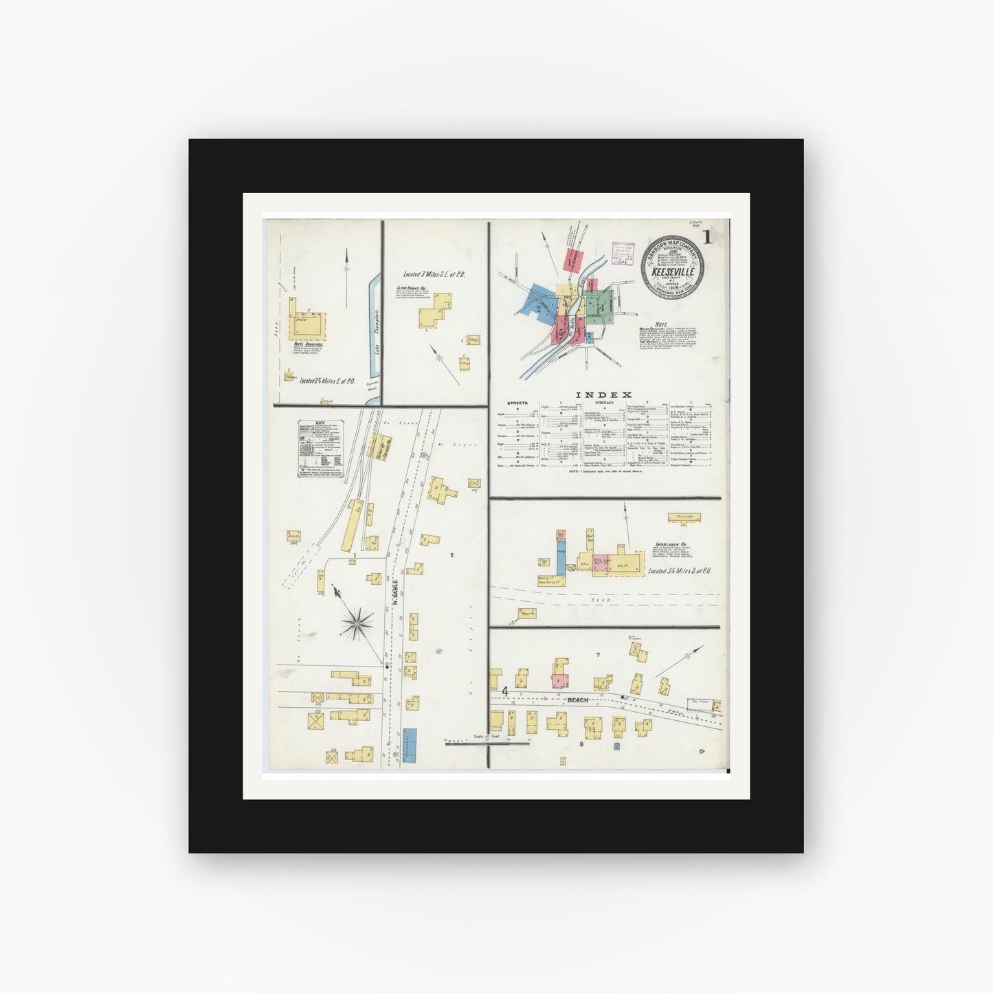 Old map wall art mockup — black gallery frame with white mat — Sanborn Fire Insurance Map from Keeseville, Essex County, New York (1906) - Complete Map Set
