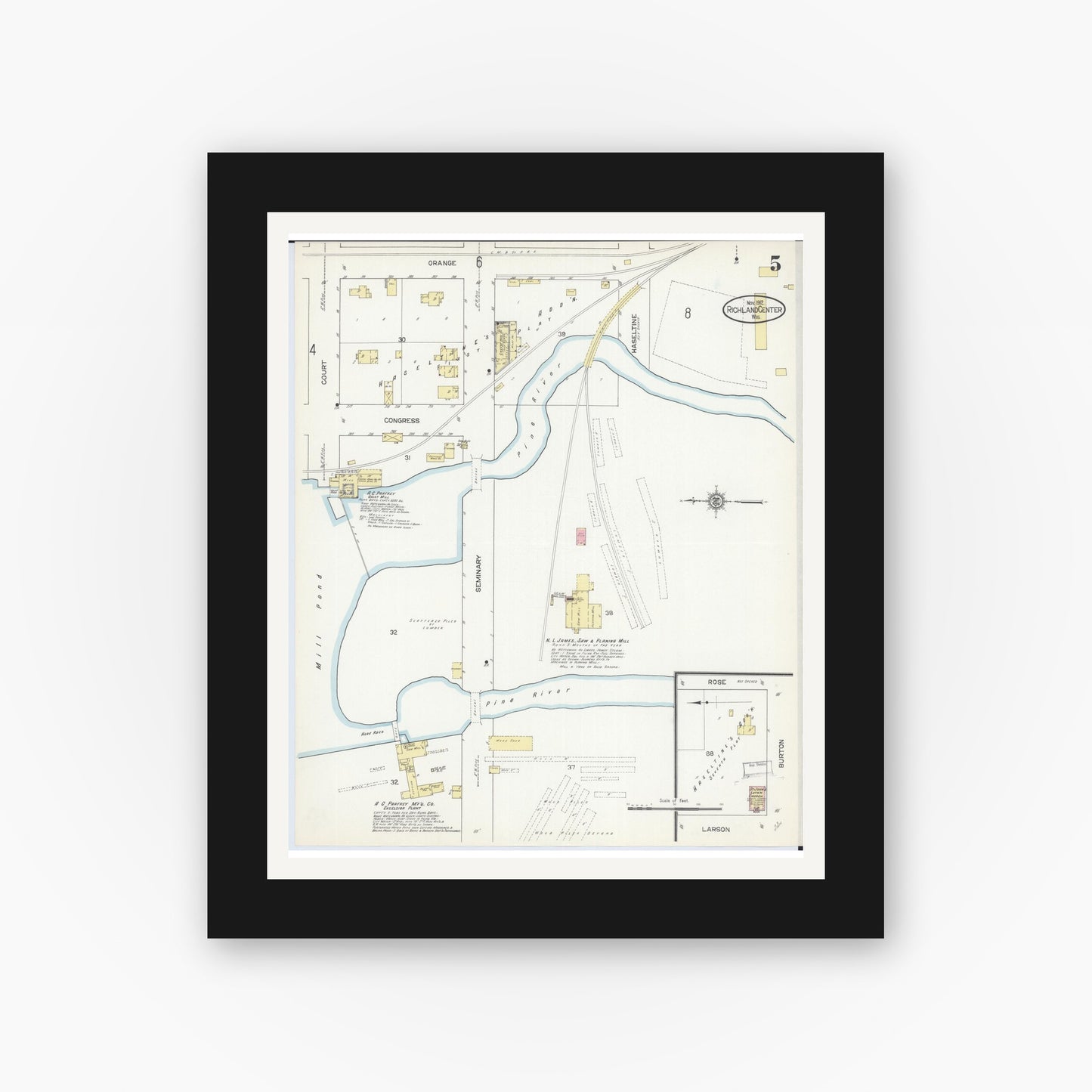 Old map wall art mockup — black gallery frame with white mat — Sanborn Fire Insurance Map from Richland Center, Richland County, Wisconsin (1912), Sheet #0005
