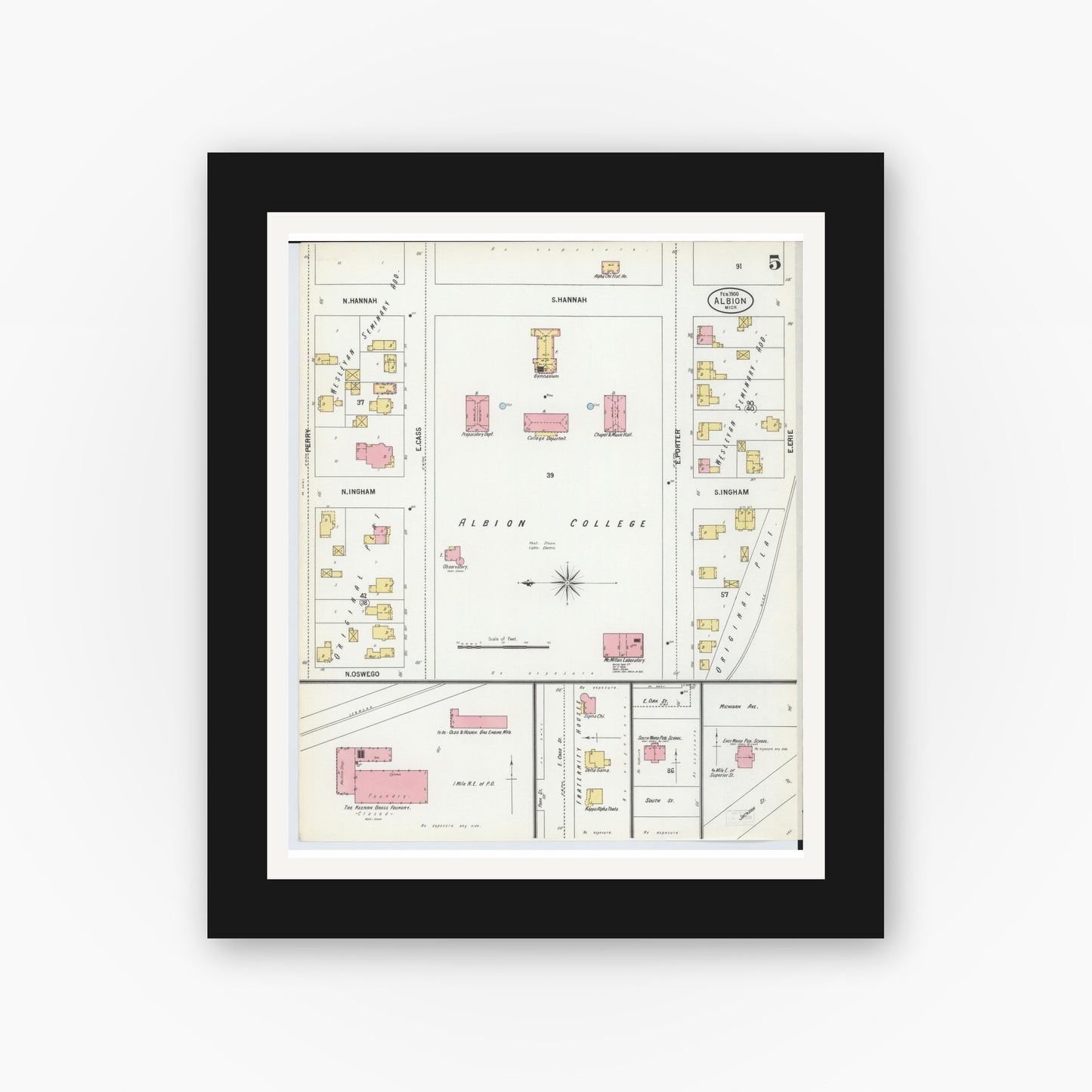 Old map wall art mockup — black gallery frame with white mat — Sanborn Fire Insurance Map from Albion, Calhoun County, Michigan (1900), Sheet #0005