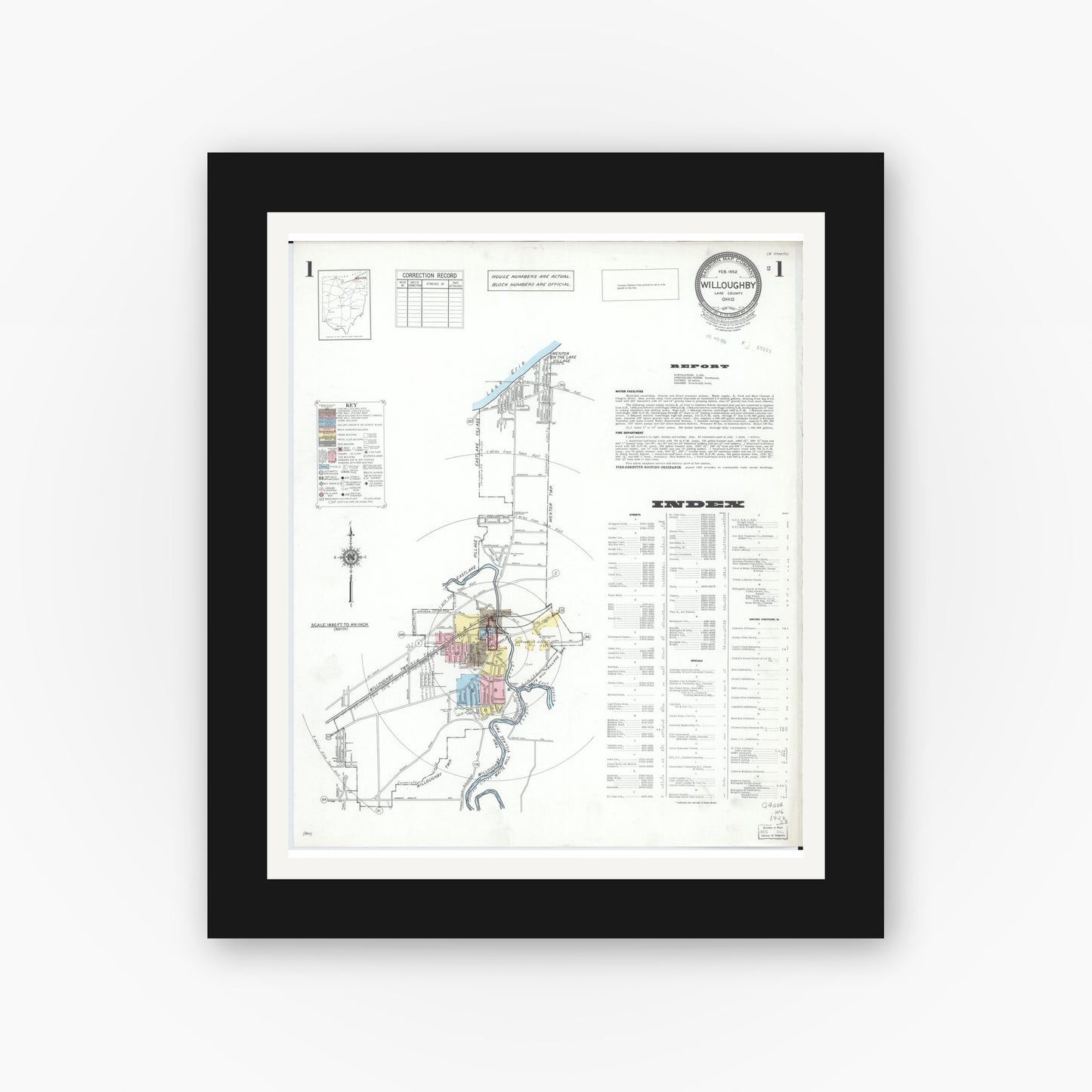 Old map wall art mockup — black gallery frame with white mat — Sanborn Fire Insurance Map from Willoughby, Lake County, Ohio (1952), Sheet #0001