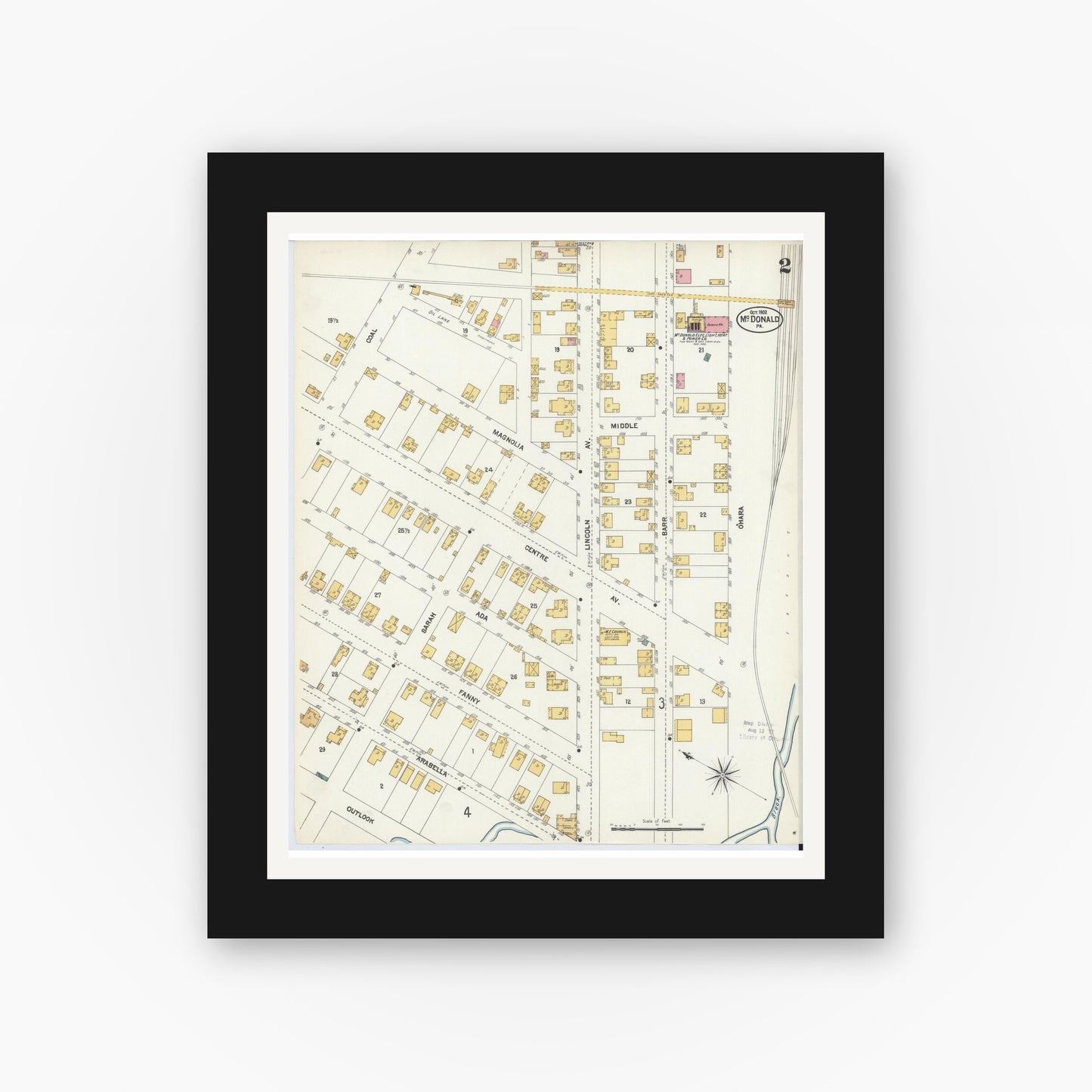 Old map wall art mockup — black gallery frame with white mat — Sanborn Fire Insurance Map from McDonald, Washington County, Pennsylvania (1902), Sheet #0002