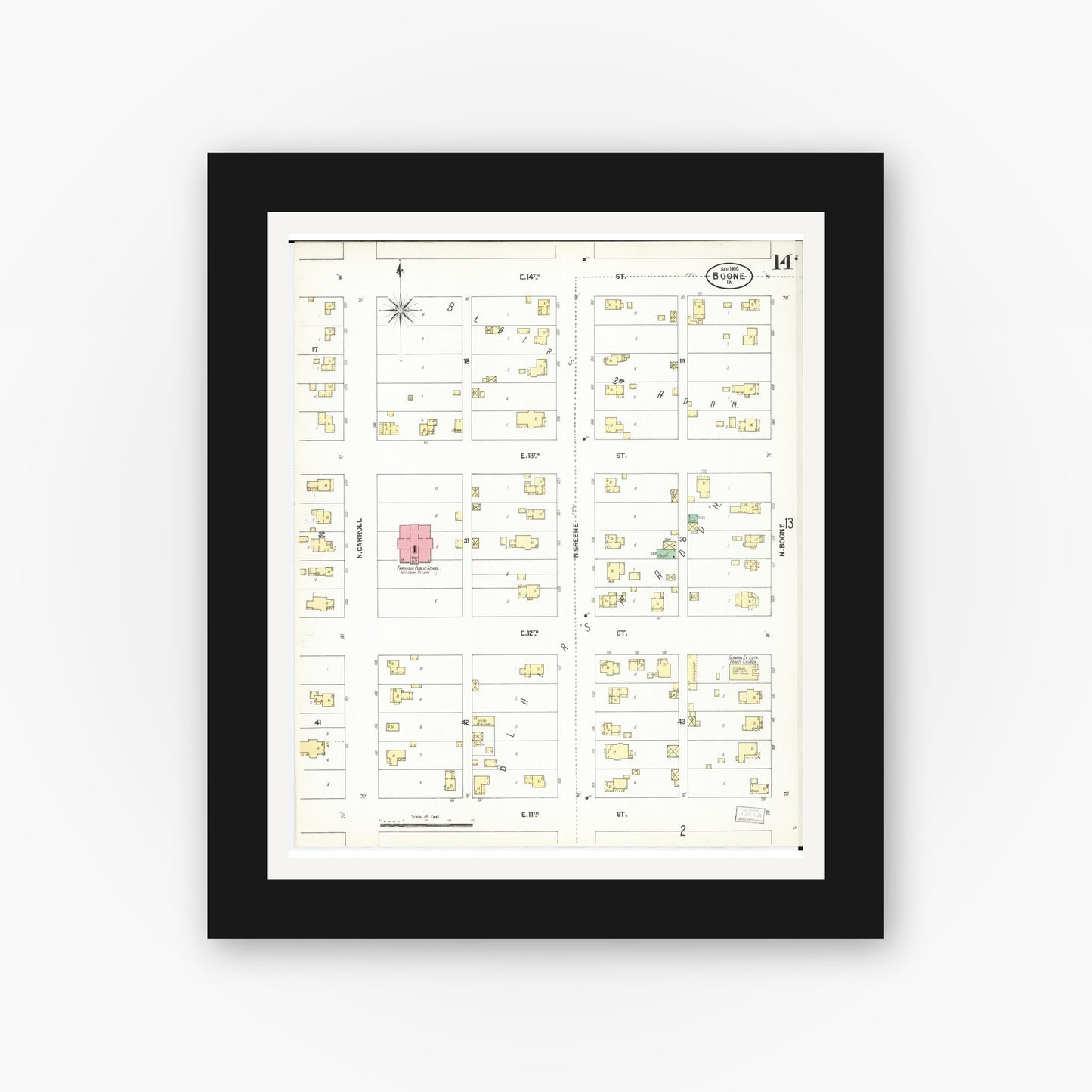 Old map wall art mockup — black gallery frame with white mat — Sanborn Fire Insurance Map from Boone, Boone County, Iowa (1900), Sheet #0014