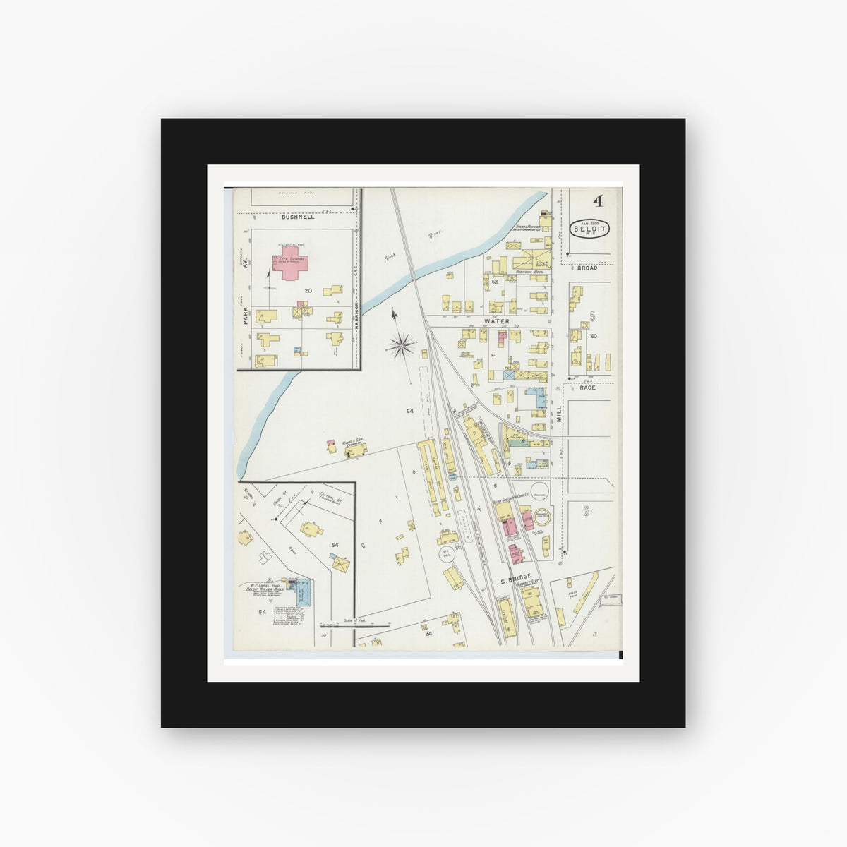 Old map wall art mockup — black gallery frame with white mat — Sanborn Fire Insurance Map from Beloit, Rock County, Wisconsin (1895), Sheet #0004