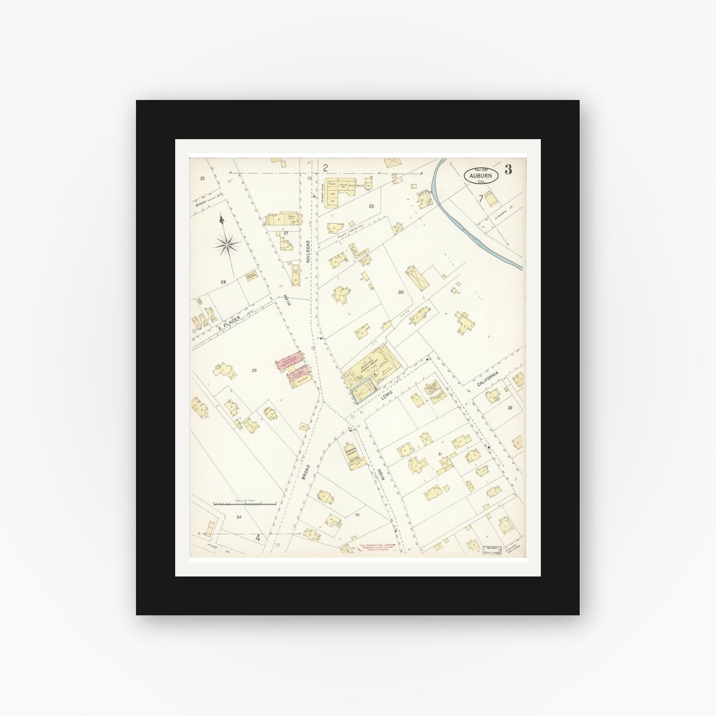 Old map wall art mockup — black gallery frame with white mat — Sanborn Fire Insurance Map from Auburn, Placer County, California (1899), Sheet #0003