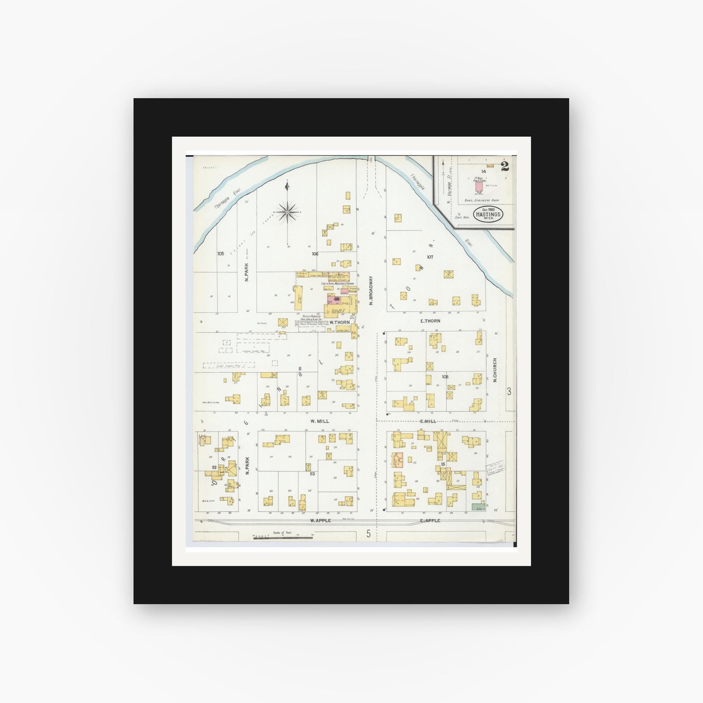 Old map wall art mockup — black gallery frame with white mat — Sanborn Fire Insurance Map from Hastings, Barry County, Michigan (1900), Sheet #0002