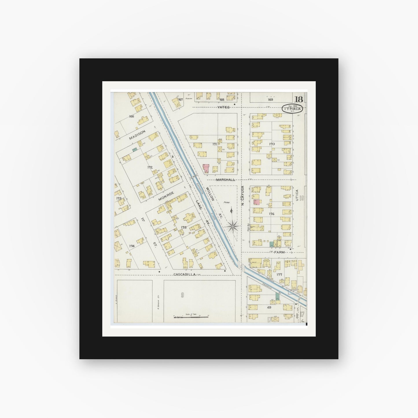 Old map wall art mockup — black gallery frame with white mat — Sanborn Fire Insurance Map from Ithaca, Tompkins County, New York (1893), Sheet #0018